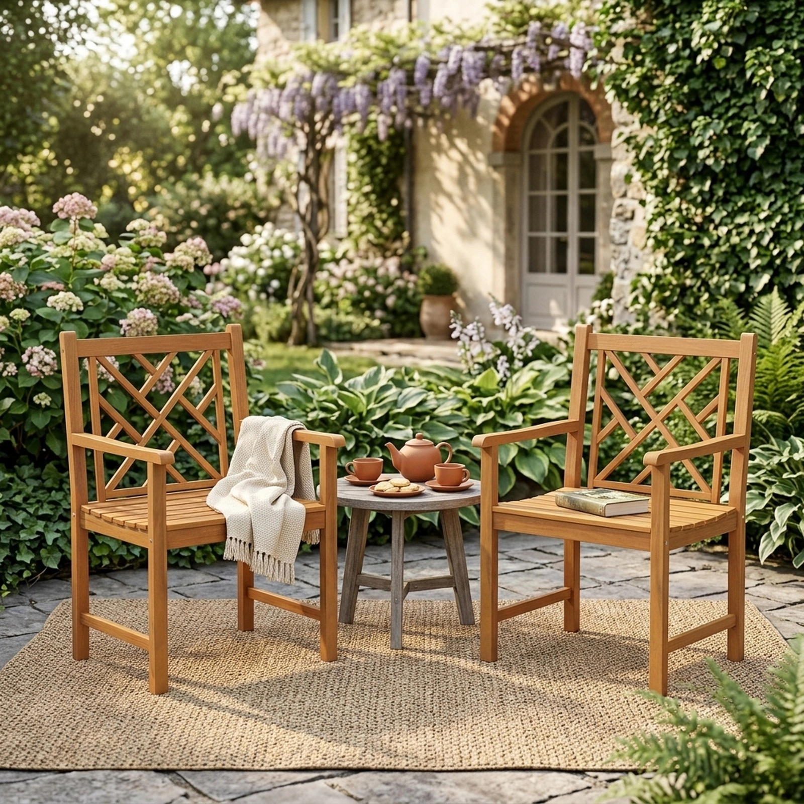 SUGIFT Set of 2 Solid Acacia Wood Outdoor Dining Chairs