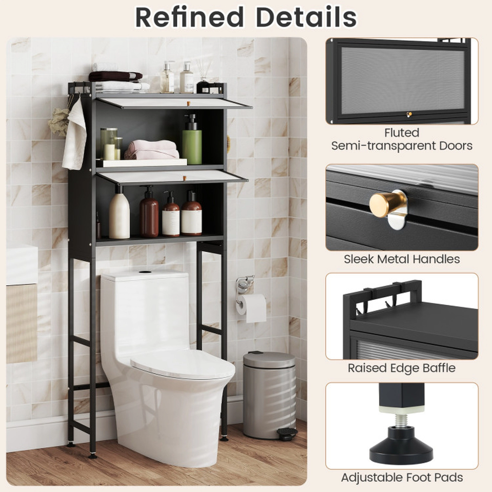SUGIFT Over-the-Toilet Carbon Steel Bathroom Organizer with 2 Flip-Up Cabinets 33-lb Capacity Black