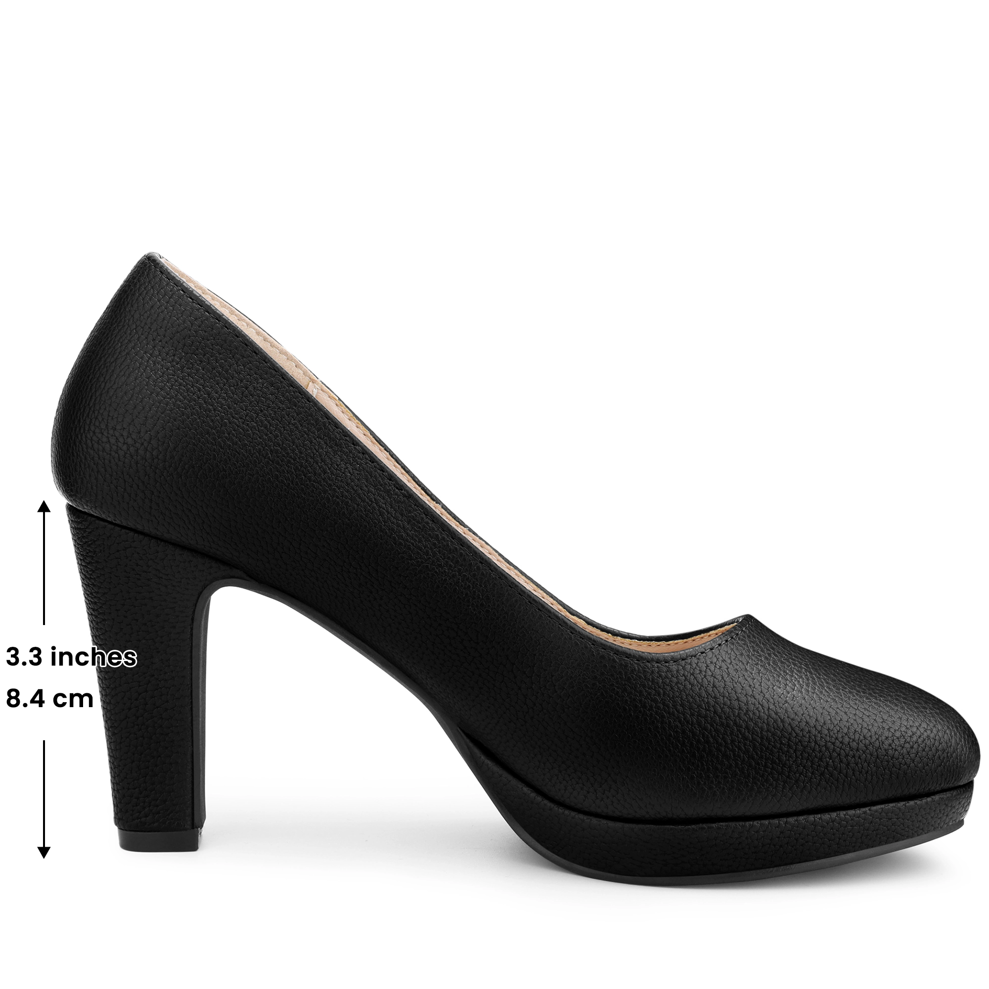 BLISSFUL STEP Women Faux Leather Round Toe Chunky Heel Platform Slip On Pumps