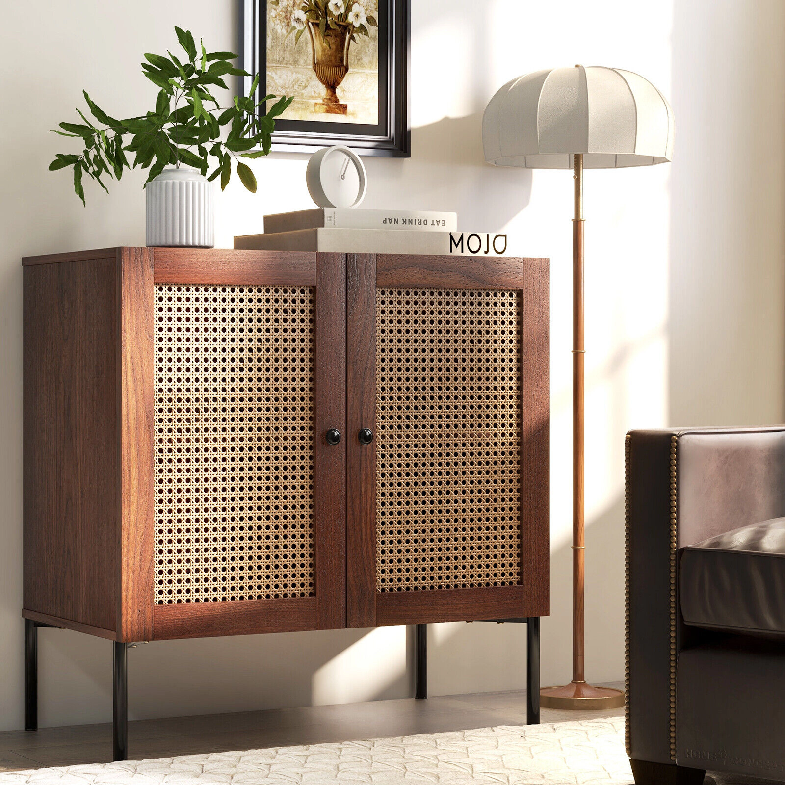 LJG Kitchen Sideboard with 2 Rattan Doors and Adjustable Shelf