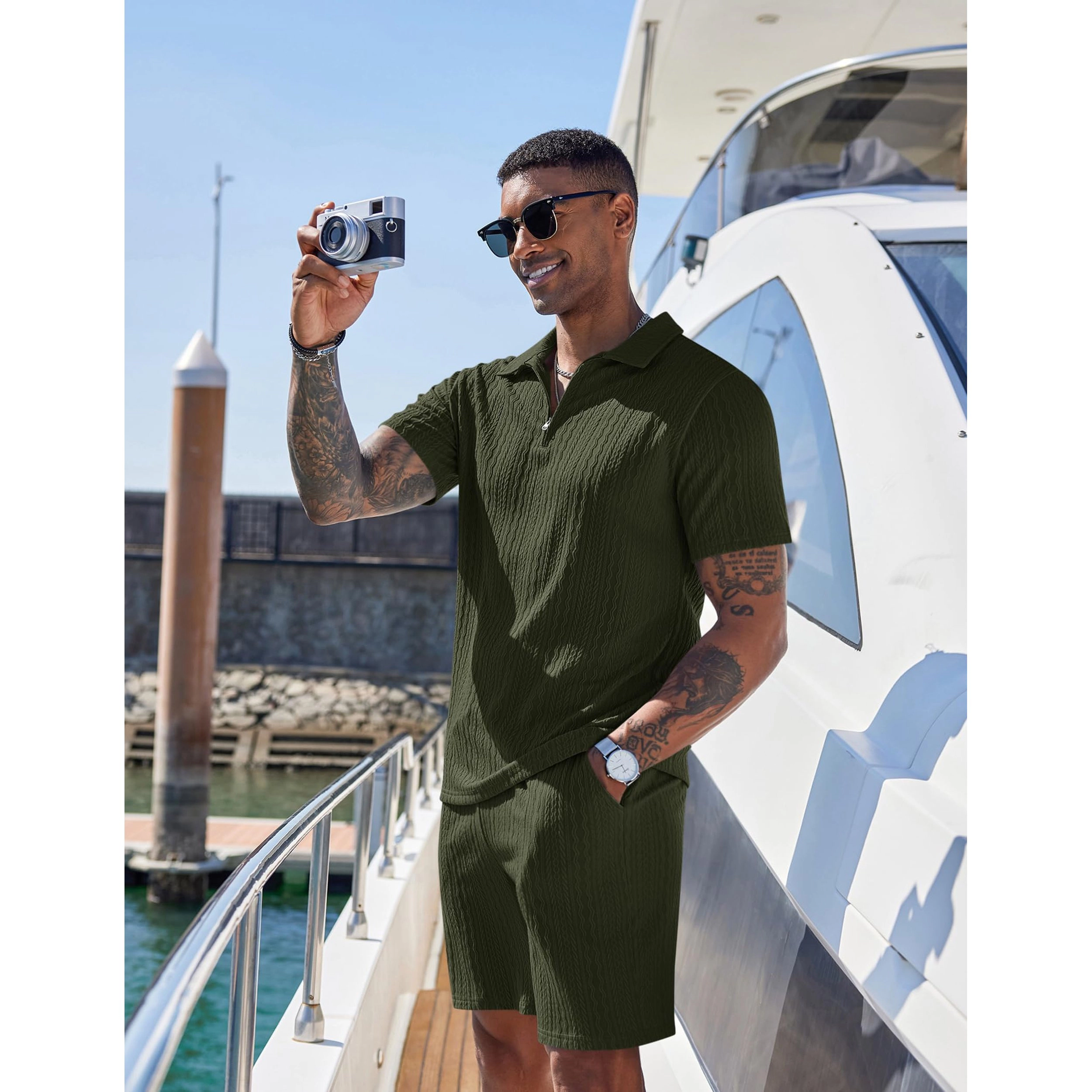 COOFANDY Mens Quarter Zip Polo Shirt Shorts Set Textured Short Sleeve Casual Outfit