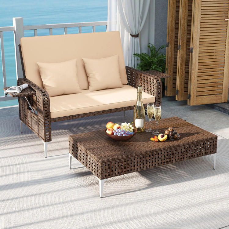 Hivvago 2 Piece Patio Rattan Daybed Wicker Loveseat And Ottoman With Adjustable Backrest