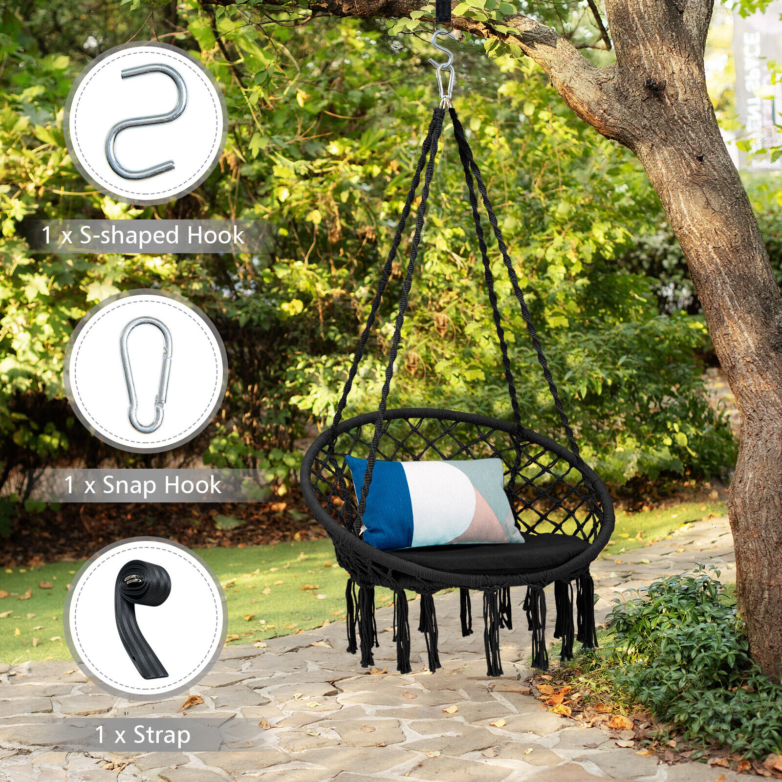 SUGIFT Cushioned Hammock Swing Chair with Hanging Kit 31.5-in Round Frame 330-lb Capacity Black