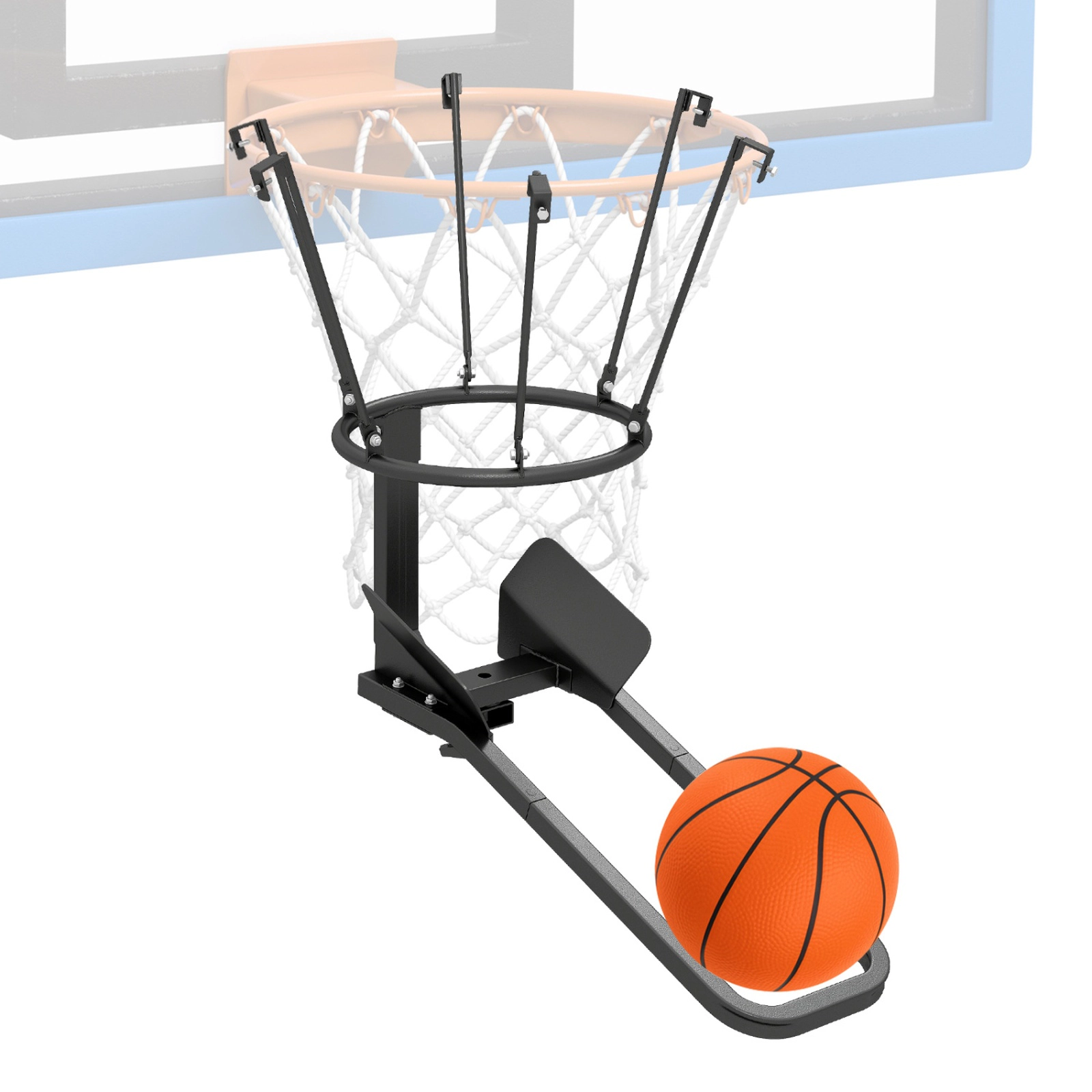 SUGIFT Rotating Chute Basketball Return Attachment with 6 Hooks for Standard Rims Metal 12-in Outer Ring Black