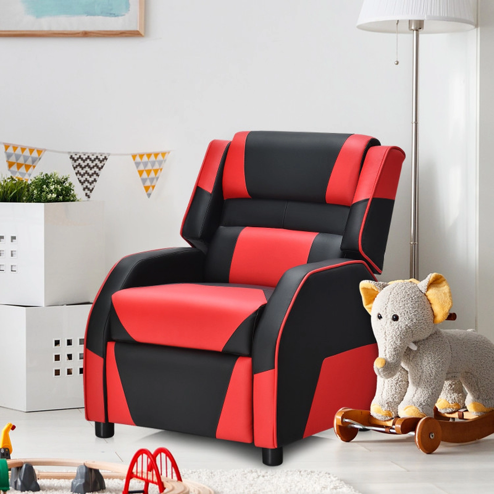 SUGIFT Kids Racing PU Leather Headrest Footrest Gaming Recliner 24-in x 27.5-in x 32-in 165-lb Capacity Ages 3+ Red