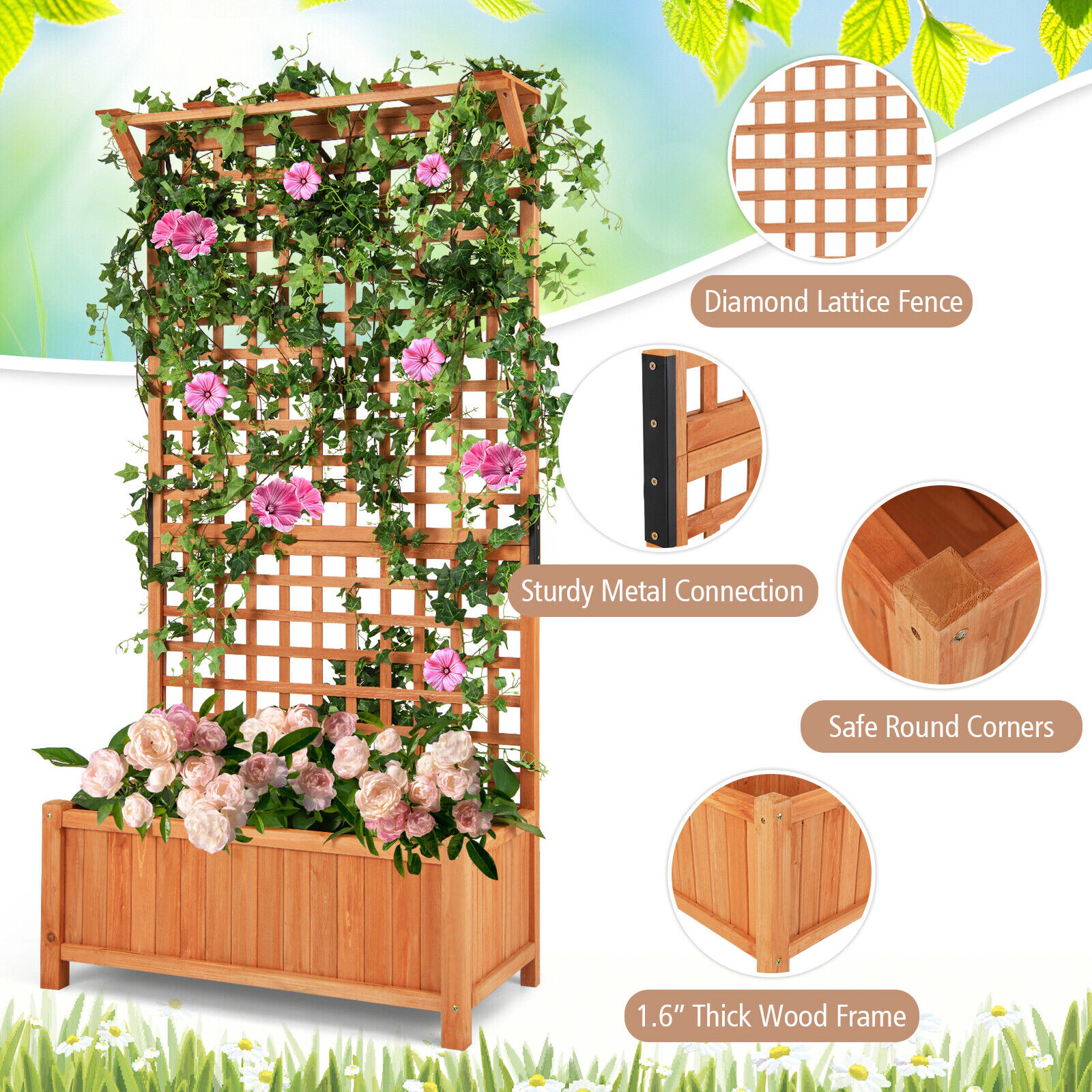 SUGIFT 72.5-in Tall 66-lb Capacity Fir Wood Raised Garden Bed with Hanging Roof and Diamond Lattice Trellis