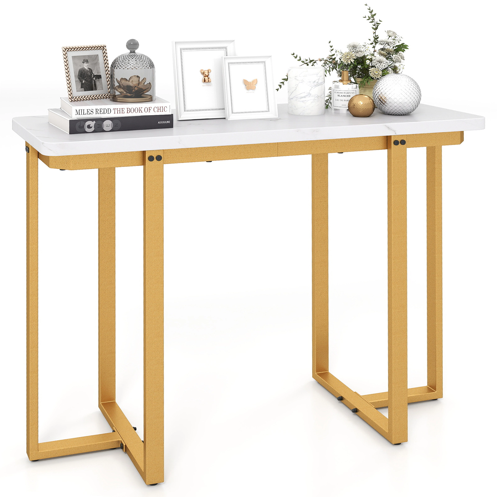 SUGIFT Modern Faux Marble Entryway Console Table with Geometric Metal Frame 155-lb Tabletop Capacity White & Gold