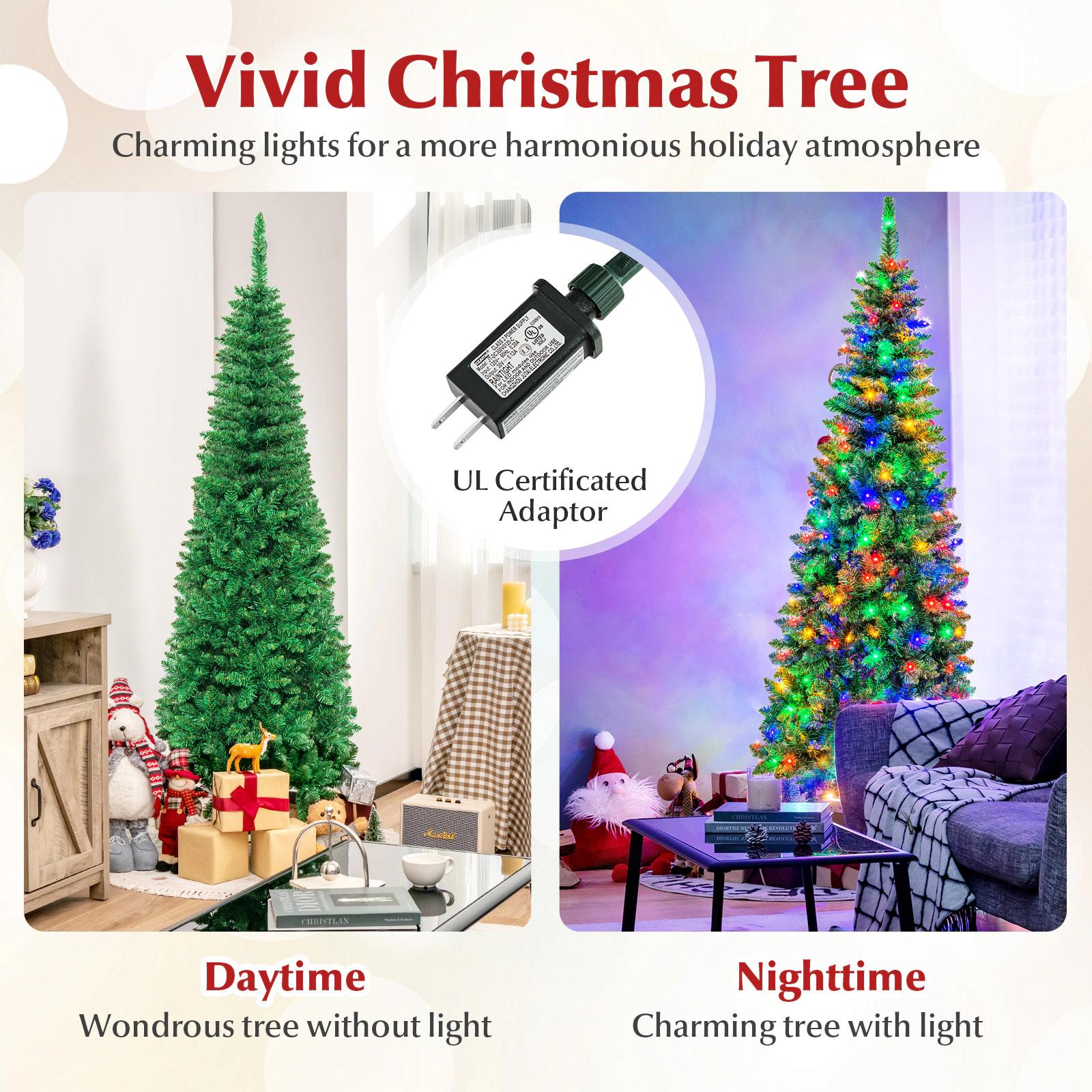 Costway 4.5/6.5/7.5ft Pre-Lit Hinged Pencil Christmas Tree 250 Multicolor Lights