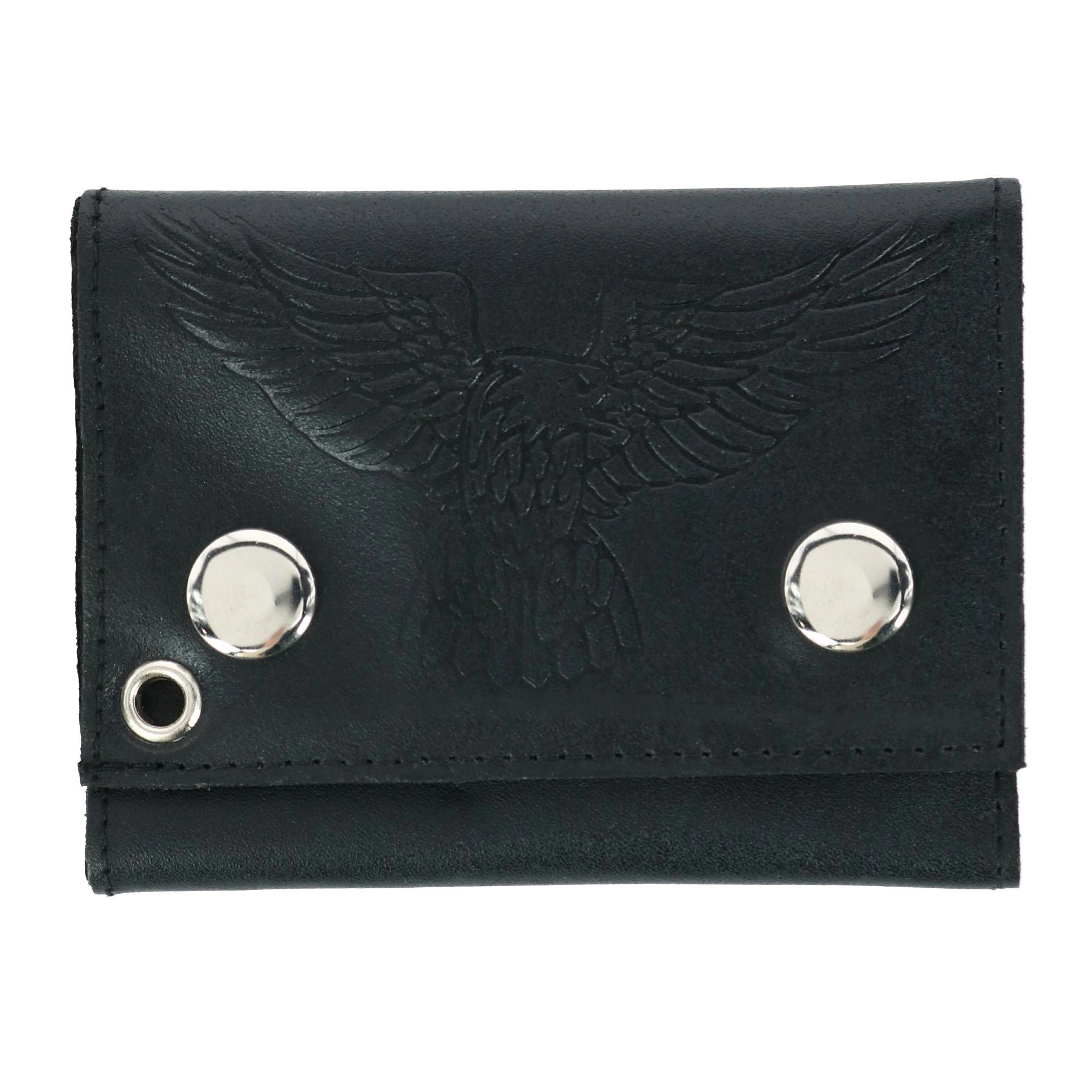 CTM Men's Leather Eagle Print Trifold Double Snap Chain Wallet