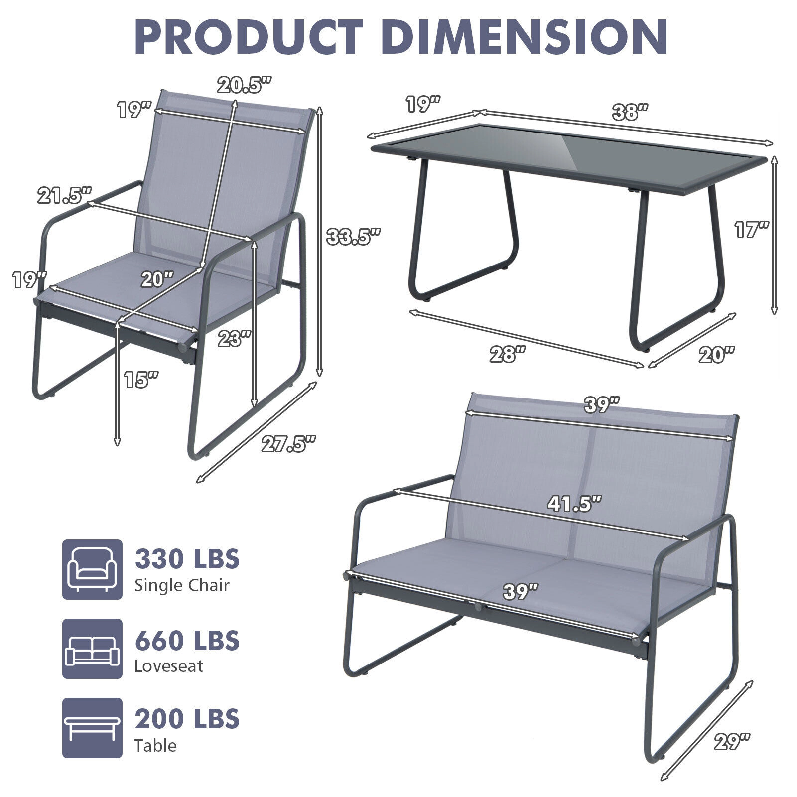SUGIFT Tempered Glass Coffee Table and Loveseat 4-Piece Gray Metal Patio Chat Set