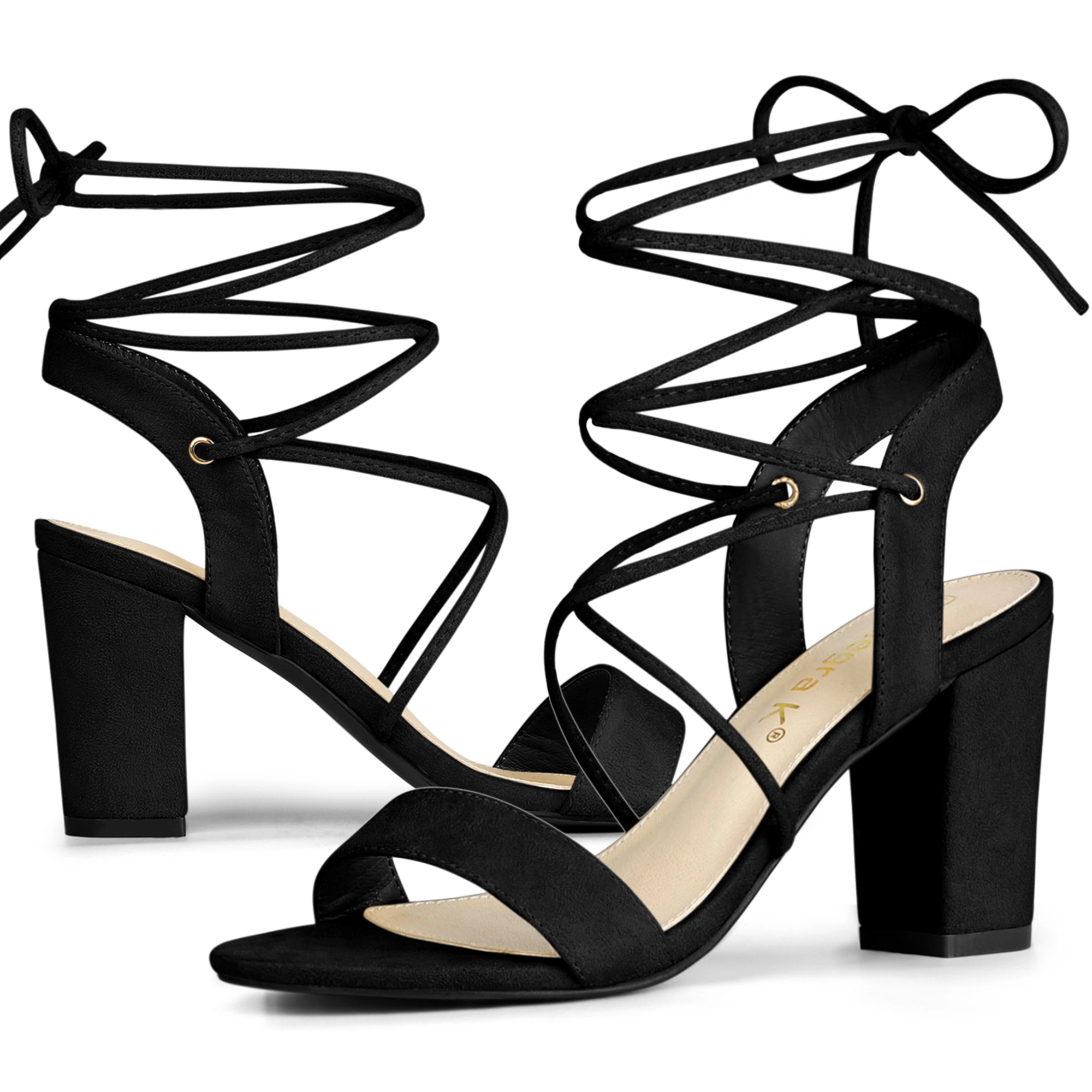 BLISSFUL STEP Women Faux Suede Lace Up Block High Heels Slingback Sandals