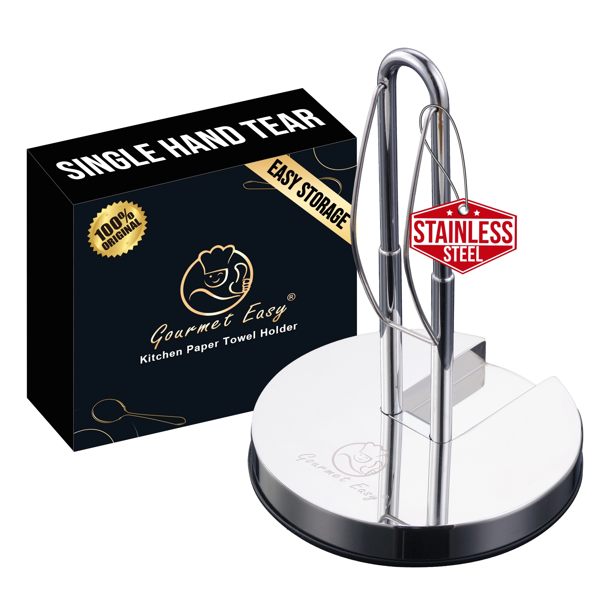 Gourmet Easy Stainless Steel Paper Towel Holder, Anti-Slip for One-Hand Tear, Adjustable & Foldable