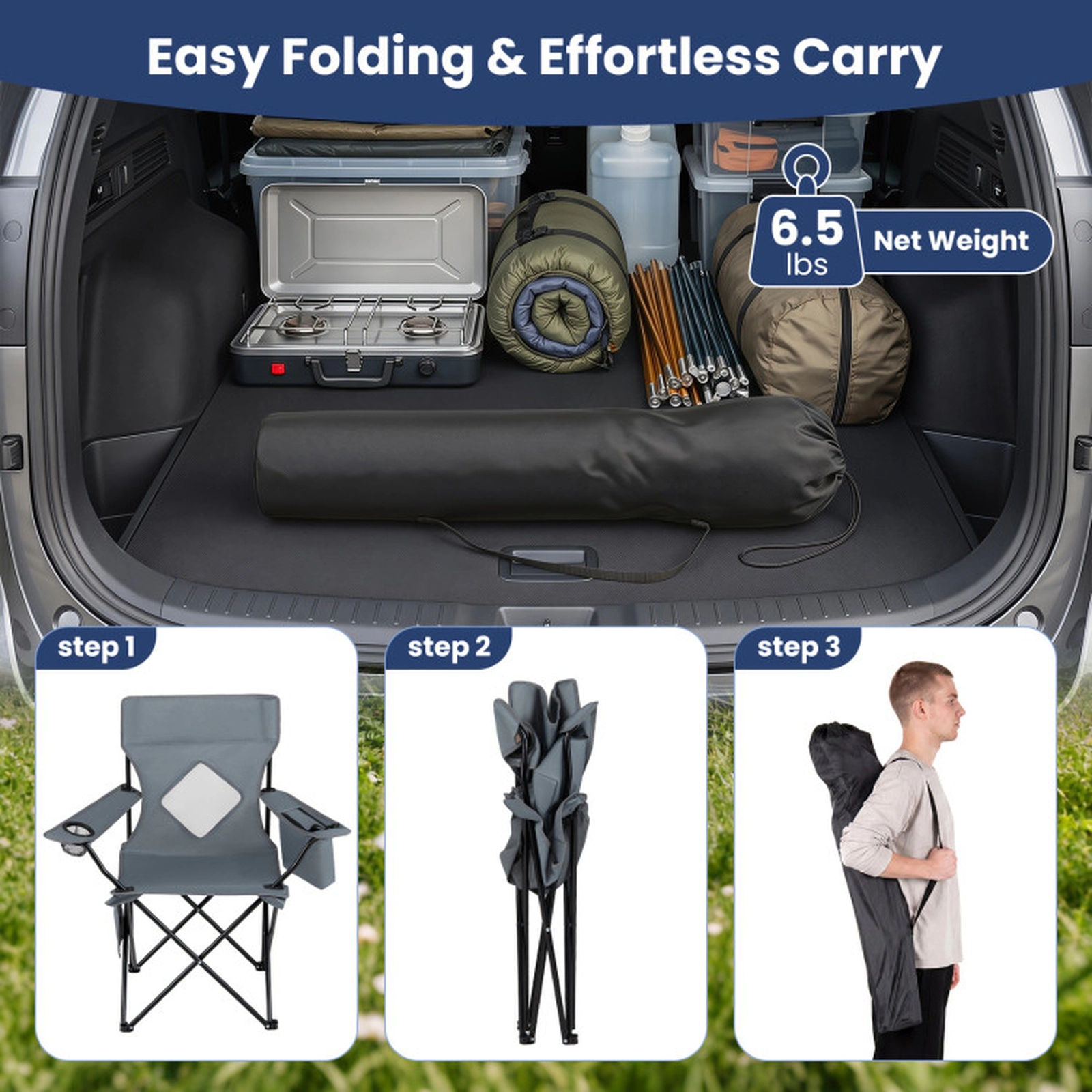 SUGIFT 330-lb Capacity 20-in Wide Seat Folding Camping Chair with Mesh Backrest Cup Holder and Carry Bag