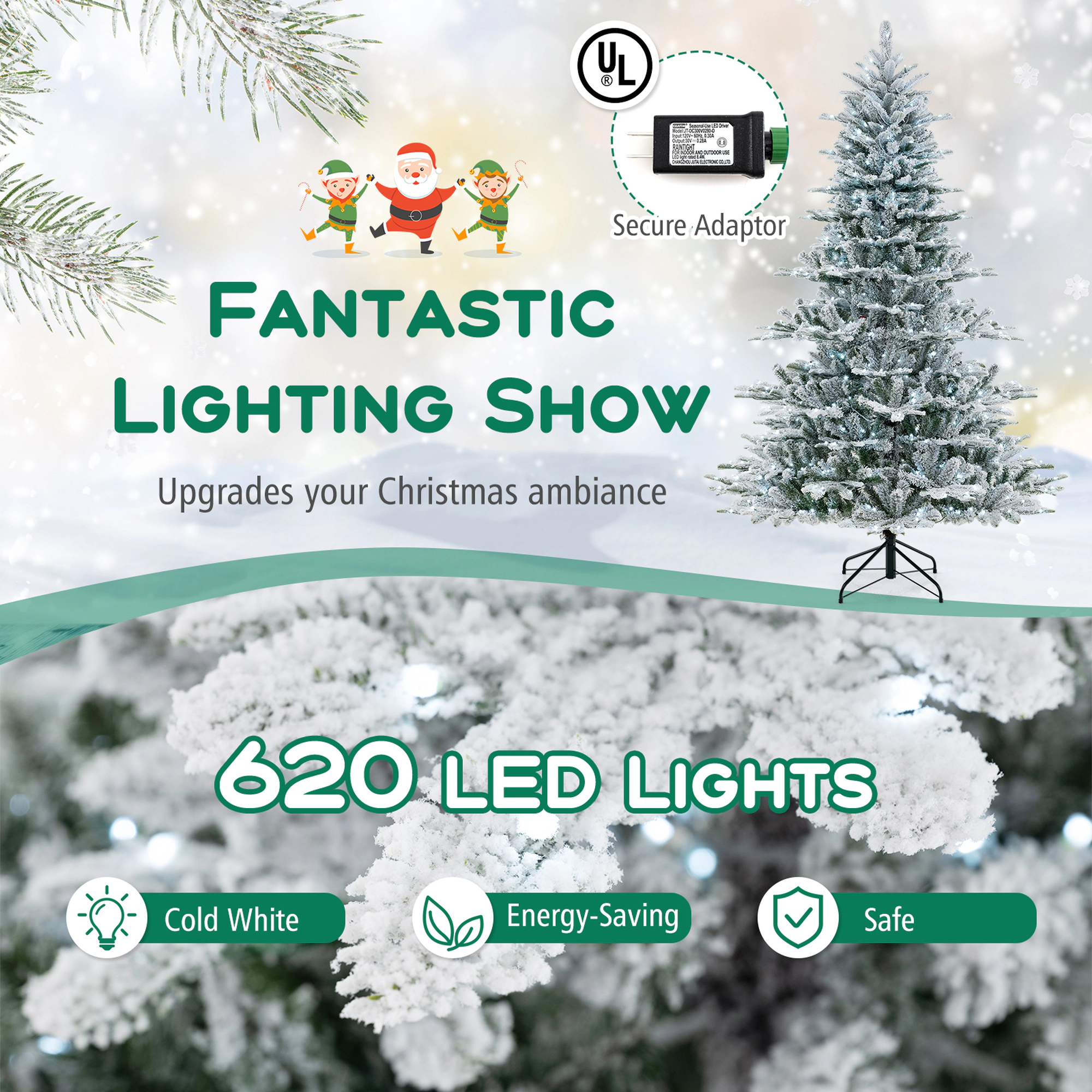 Costway 6/7/8 FT Snow Flocked Artificial Christmas Tree with 661 PVC & PE Tips 500/620/800 LED Lights