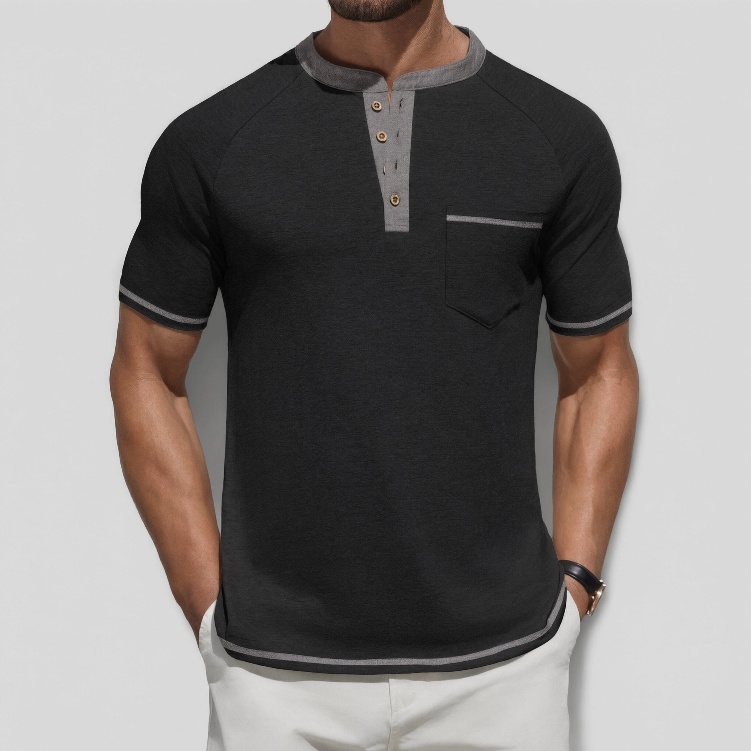 COOFANDY Mens Short Sleeve Henley Shirt Contrast Trim Button Pocket Casual Tee Tops