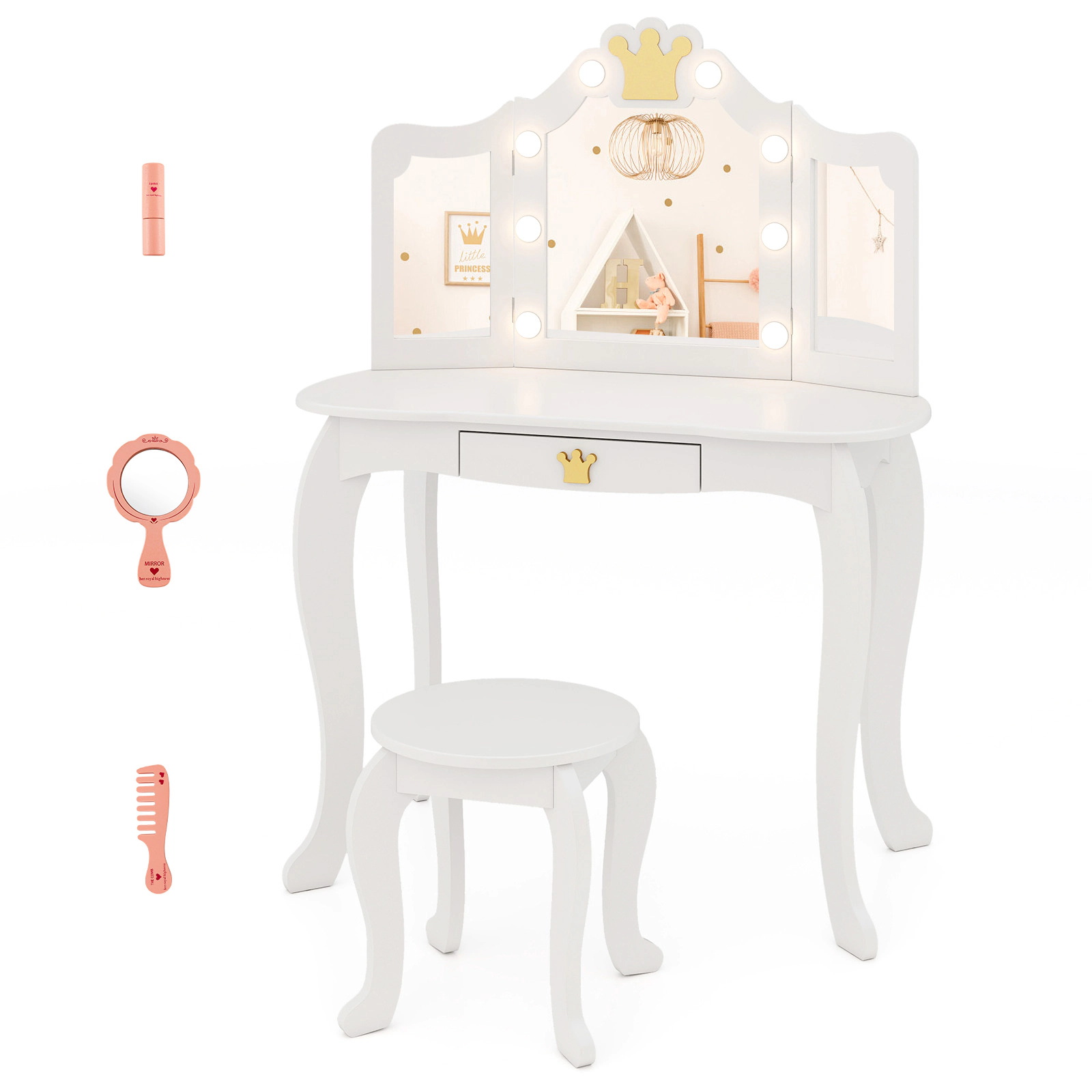 SUGIFT Kids Vanity Table and Stool Set with Lighted Tri-Fold Mirror in White