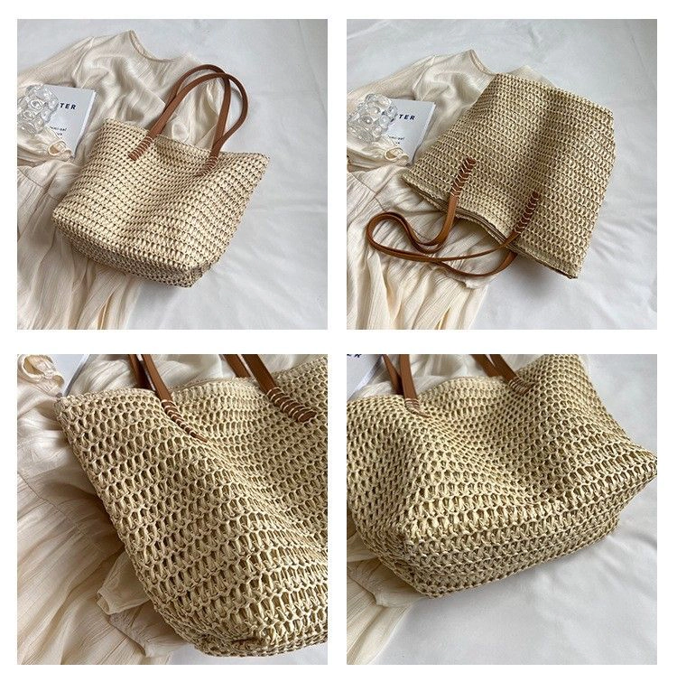 Alilang Women's Woven Straw Tote Bag with Leather Shoulder Straps Lightweight Crochet Knit Large Capacity Bag, Beige