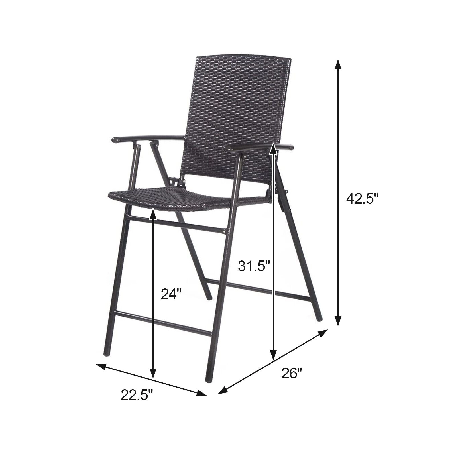 SUGIFT Set of 4 Folding Rattan Bar Chair Set with Footrests and Armrests 24-in Seat Height Brown