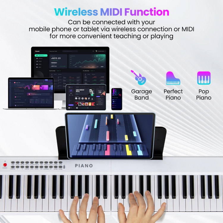 SUGIFT Foldable 88-Key Electric Keyboard Piano with Semi-Weighted Keys Wireless MIDI Dual Speakers White