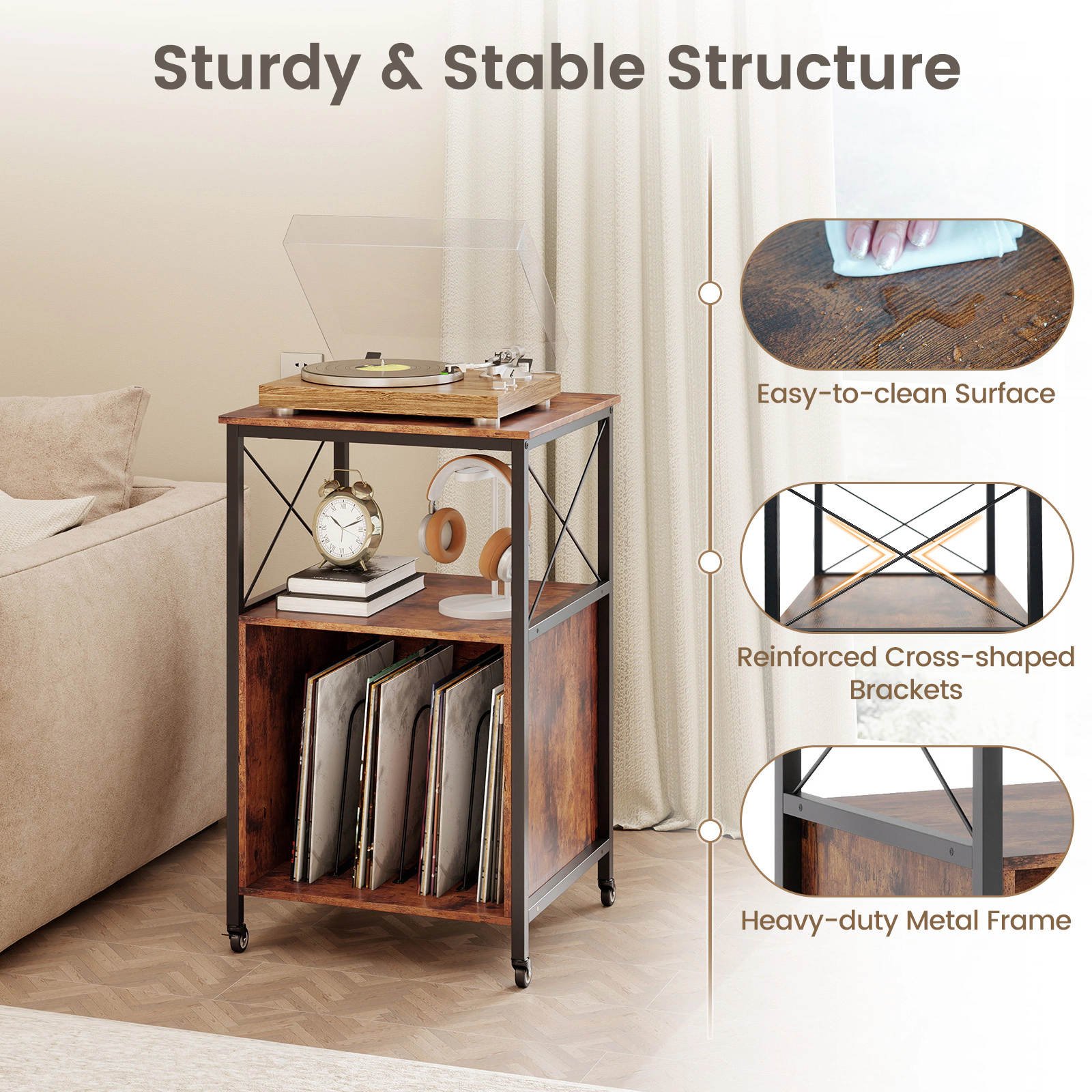 SUGIFT Mobile Record Player Stand with Power Outlet Accent Table 190-lb Capacity Rustic Brown & Black 32-in Tall