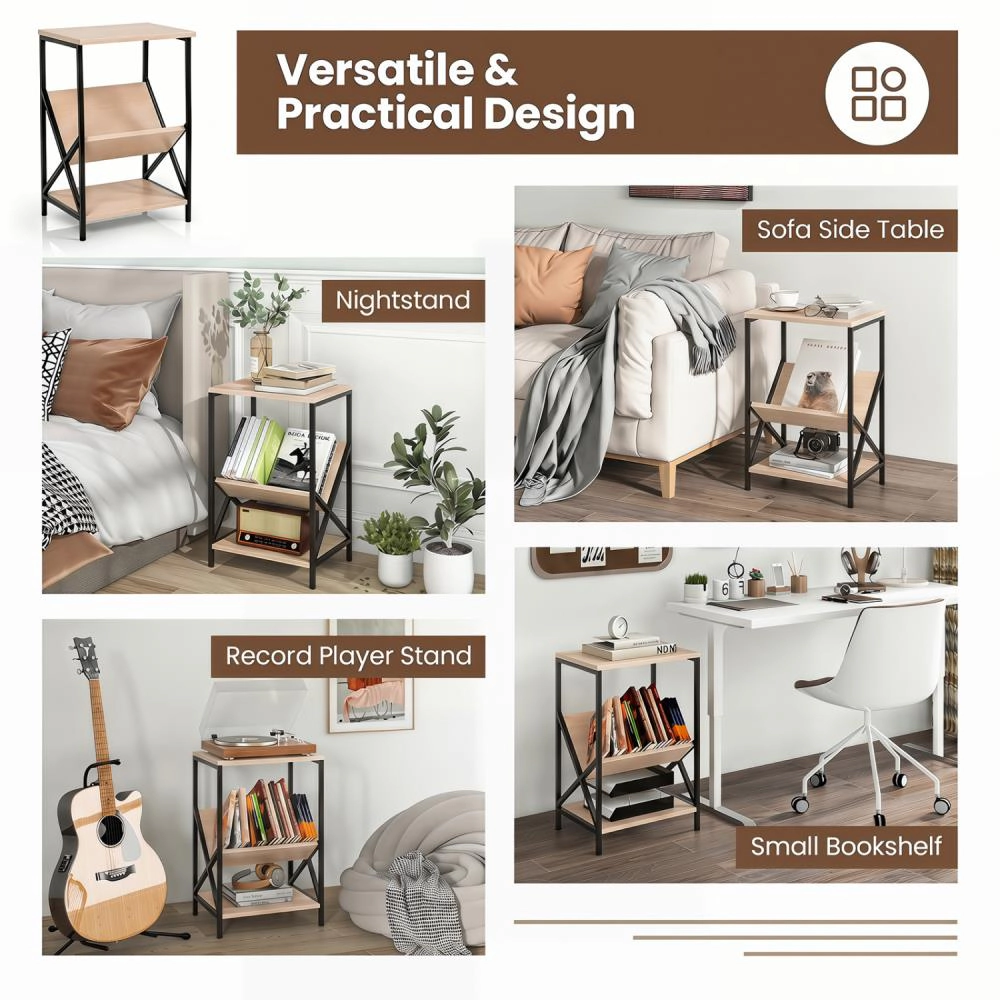 Hivvago 3-Tier Industrial Side Table With V-Shaped Bookshelf For Living Room