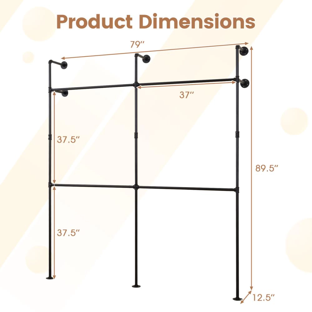 Hivvago Wall Mounted Pipe Clothing Rack with 4 Hanging Rods