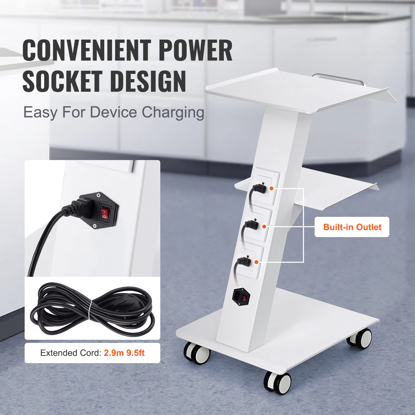 HONGGE 3-Layer Metal Rolling Lab Cart with Swivel Wheels, 220 lbs Capacity for Clinic, Beauty, and Salon