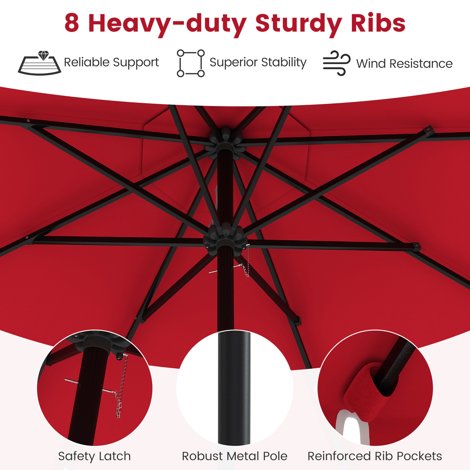 SUGIFT 9.3-ft Red Round Solar Patio Umbrella with 24 LED Lights Vented Top Push-Button Tilt and Ruffled Edge