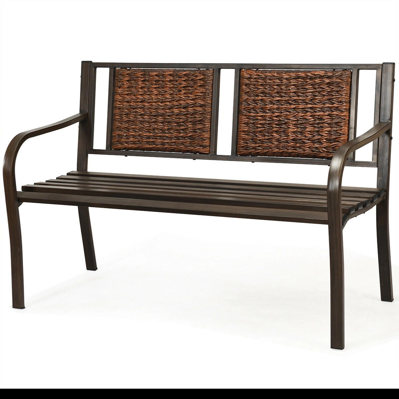 SUGIFT Patio Garden Bench with PE Rattan Back and Powder Coated Steel Frame 500-lb Capacity Bronze
