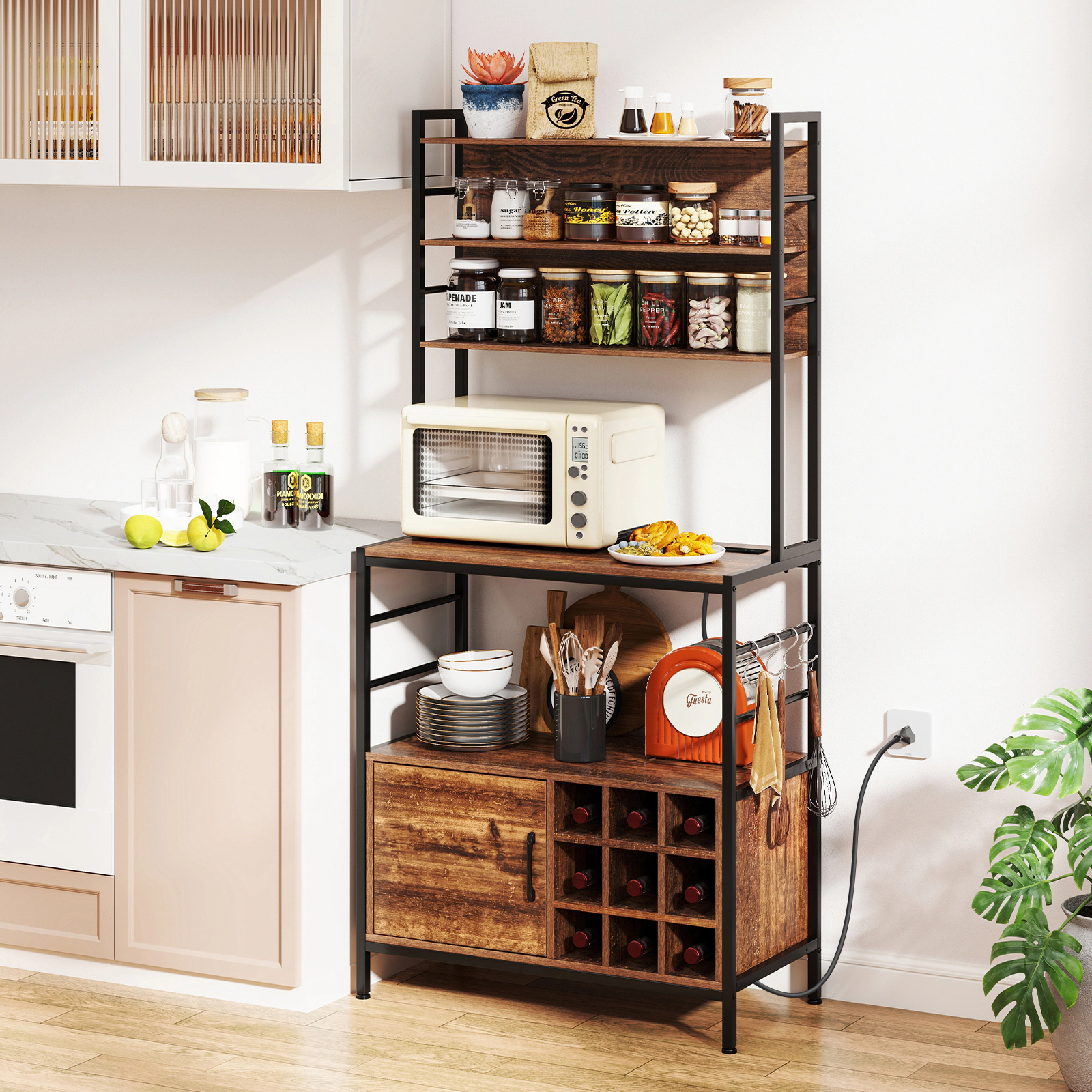 SUGIFT Coffee Bar Cabinet with Power Outlet, S-Shaped Hooks and Wine Bottle Holders 330-lb Capacity Rustic Brown