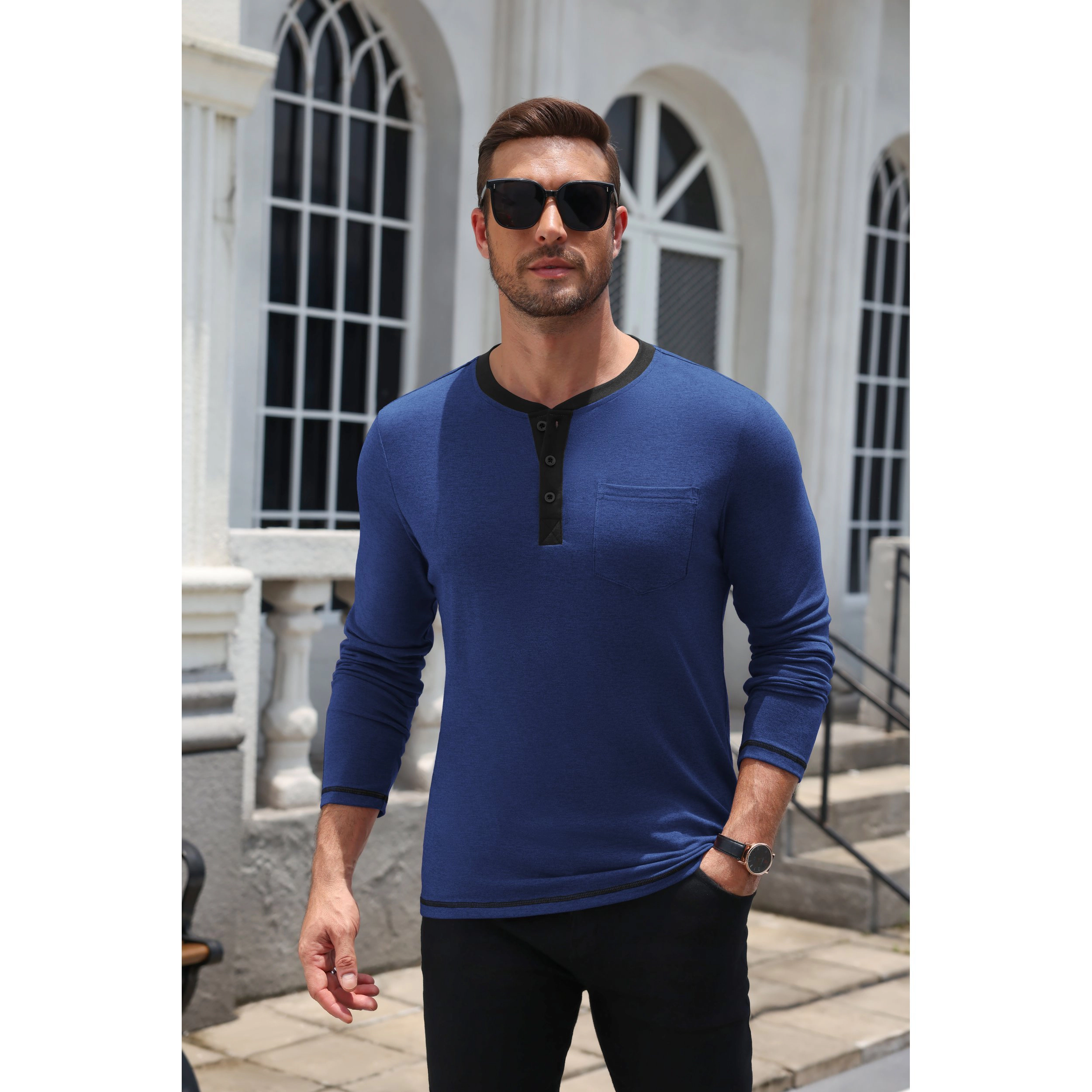 Coofandy Men's Long Sleeve Henley Contrast Trim Button Placket Pocket Tee