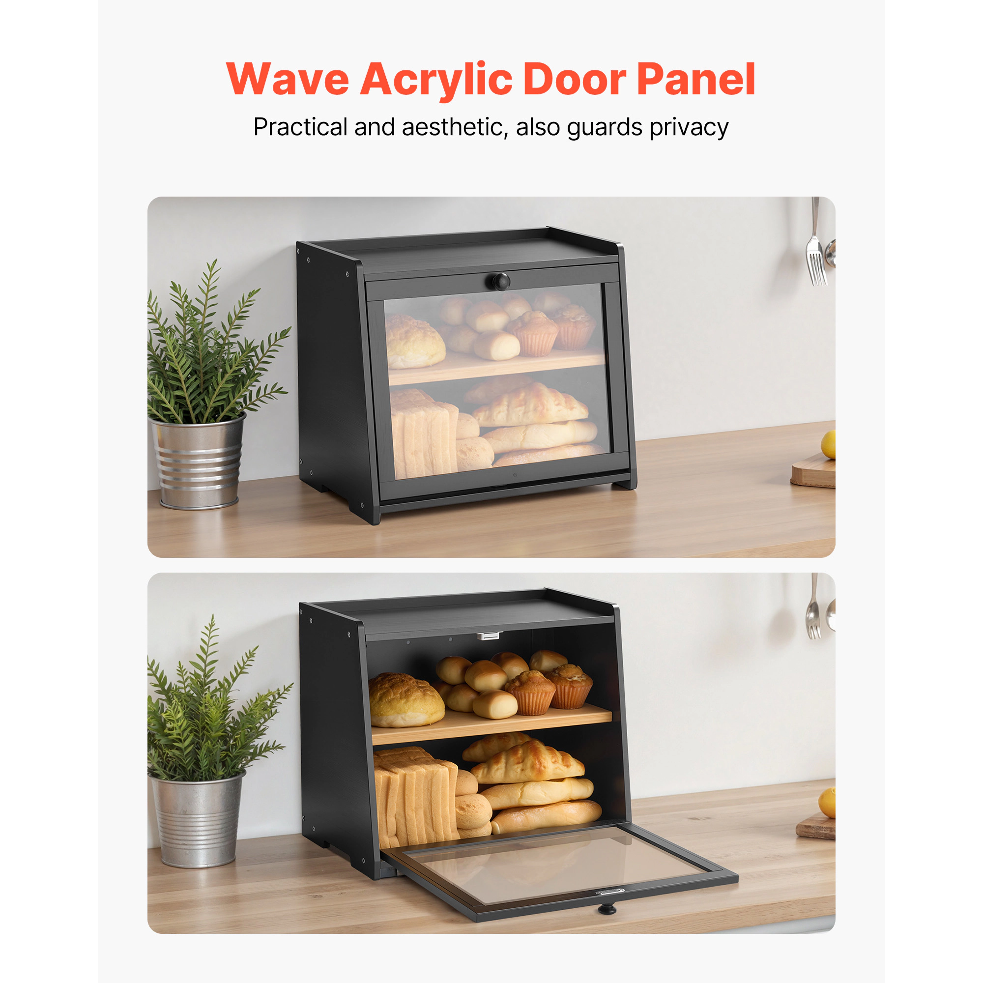 HONGGE Double Layer Bread Box for Kitchen Counter Large Capacity Bamboo Storage Container Farmhouse Wooden