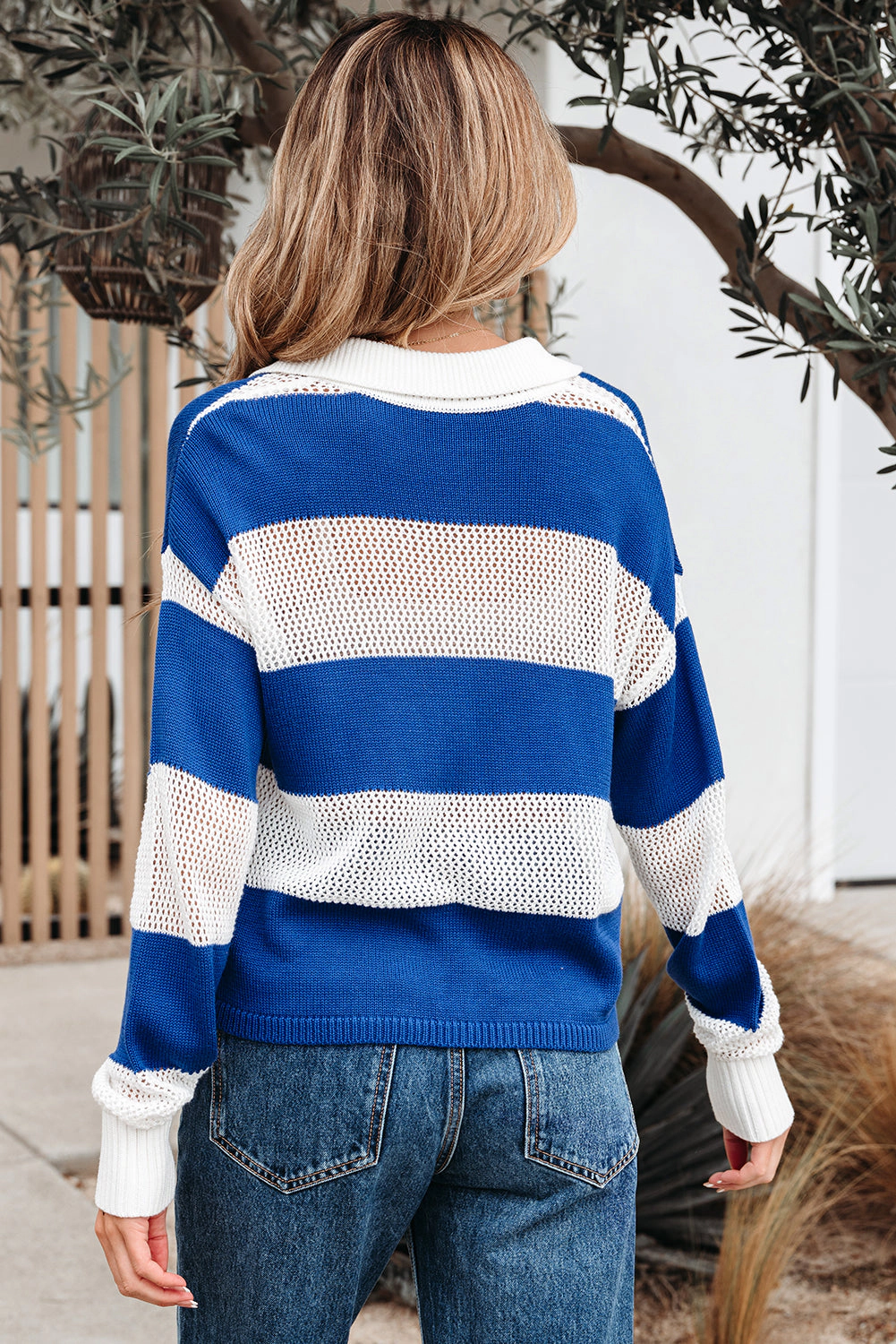 Threaded Pear Women's Genevieve Stripe Collar Eyelet Crochet Knitted Sweater
