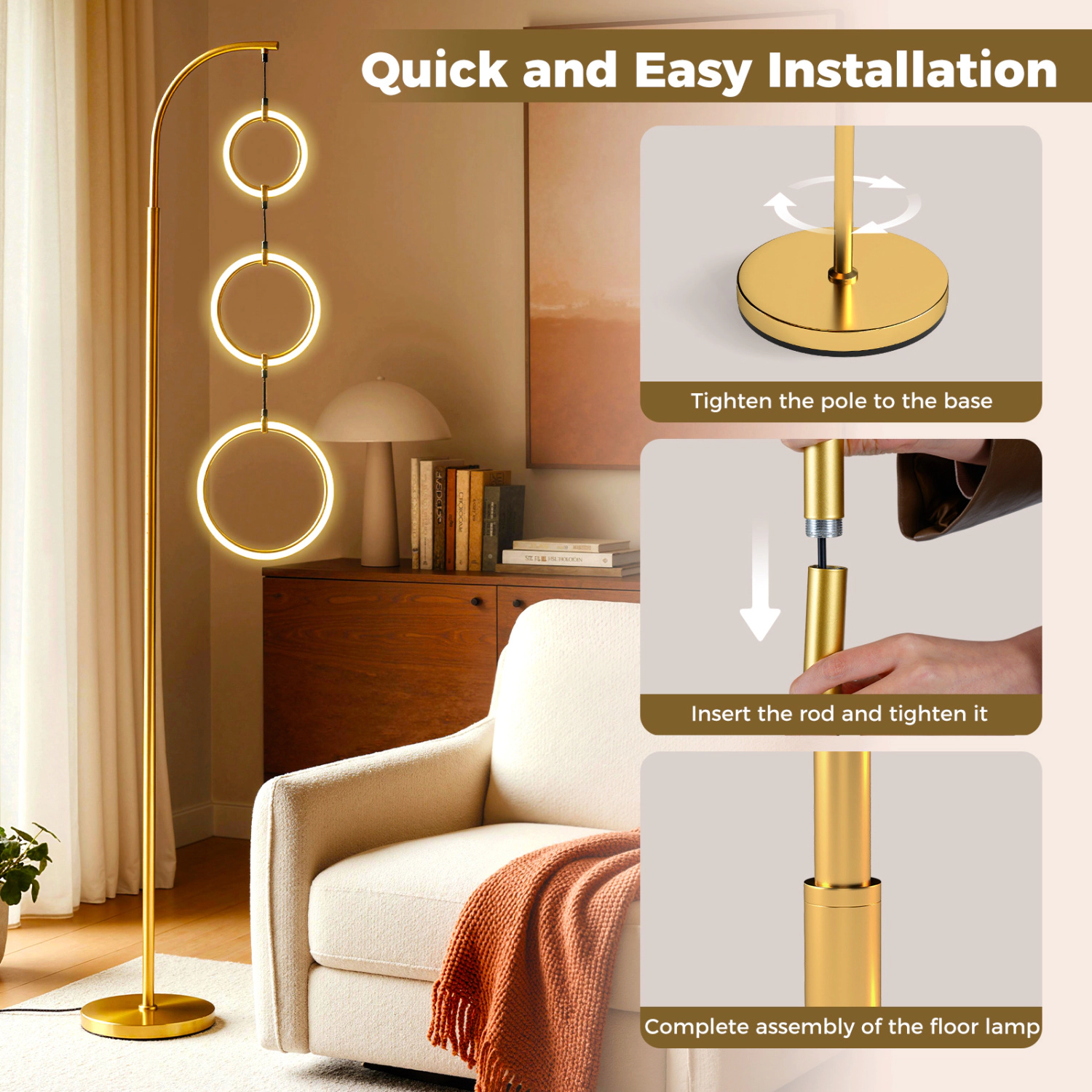 Slickblue Modern 3 Ring LED Floor Lamp 71in Gold Standing Light with Memory Function