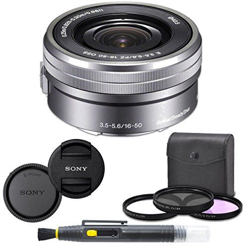 Sony SELP1650 16-50mm Power Zoom Lens (Silver) + 8PC Kit includes 3 Piece Filter Kit (UV-CPL-FLD) + Front & Rear Lens