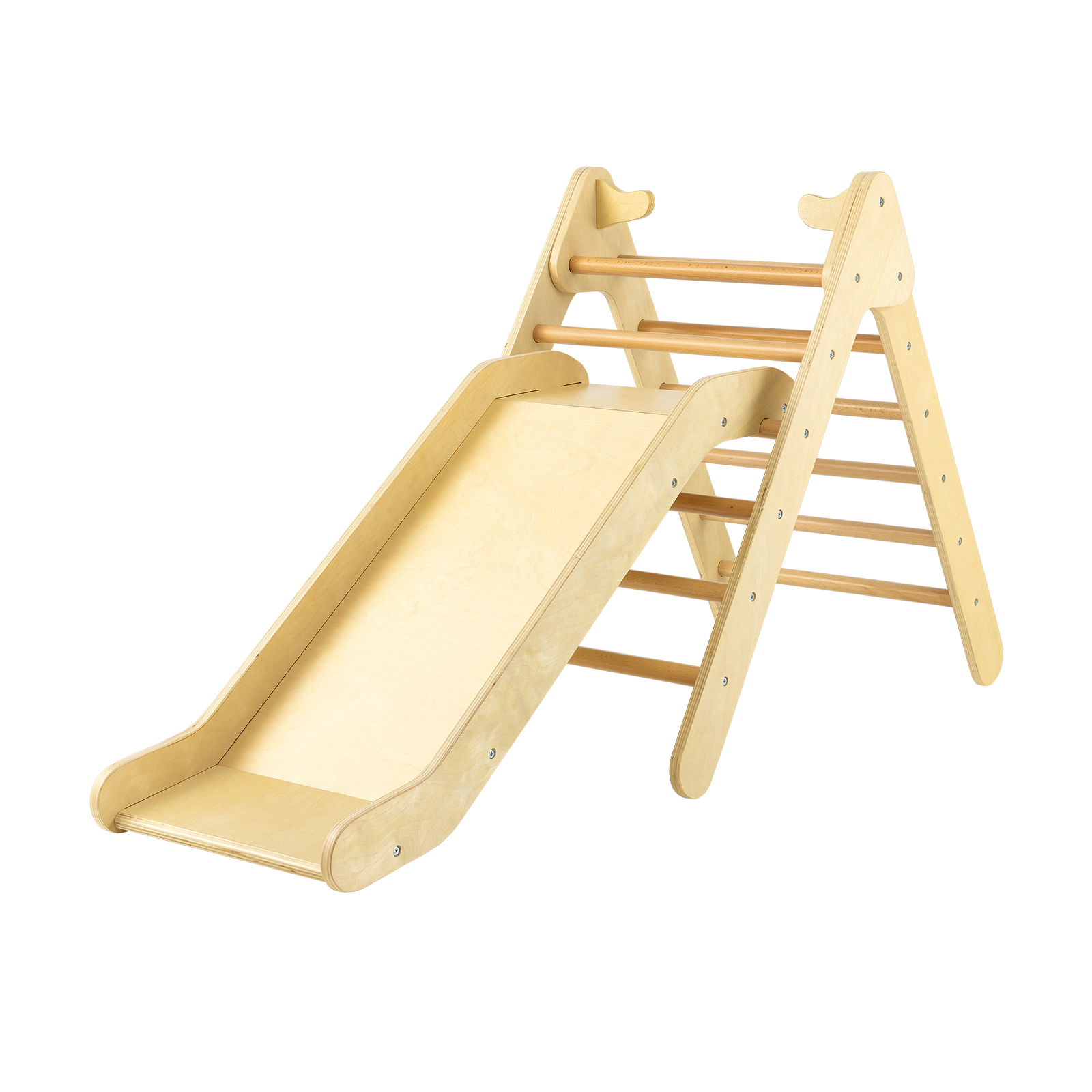 SUGIFT Natural Gradient Adjustable Slide 34 Inch 2-in-1 Kids Wooden Triangle Climber Set