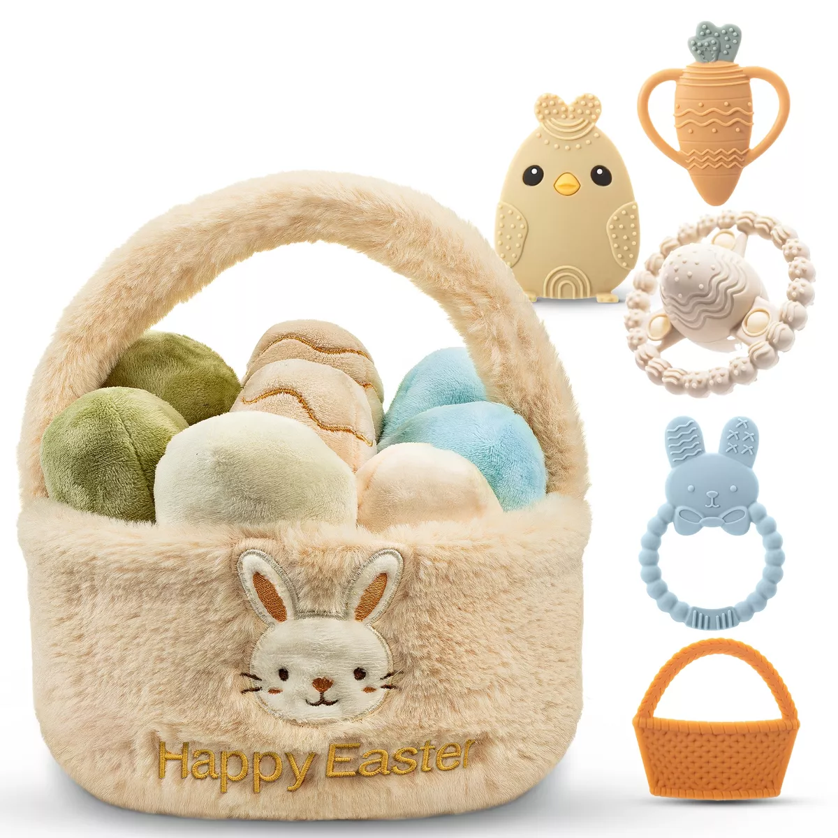 Sperric Easter Plush Basket w/ Baby Teethers and Eggs, Stuffers & Teething Toys Gift Set