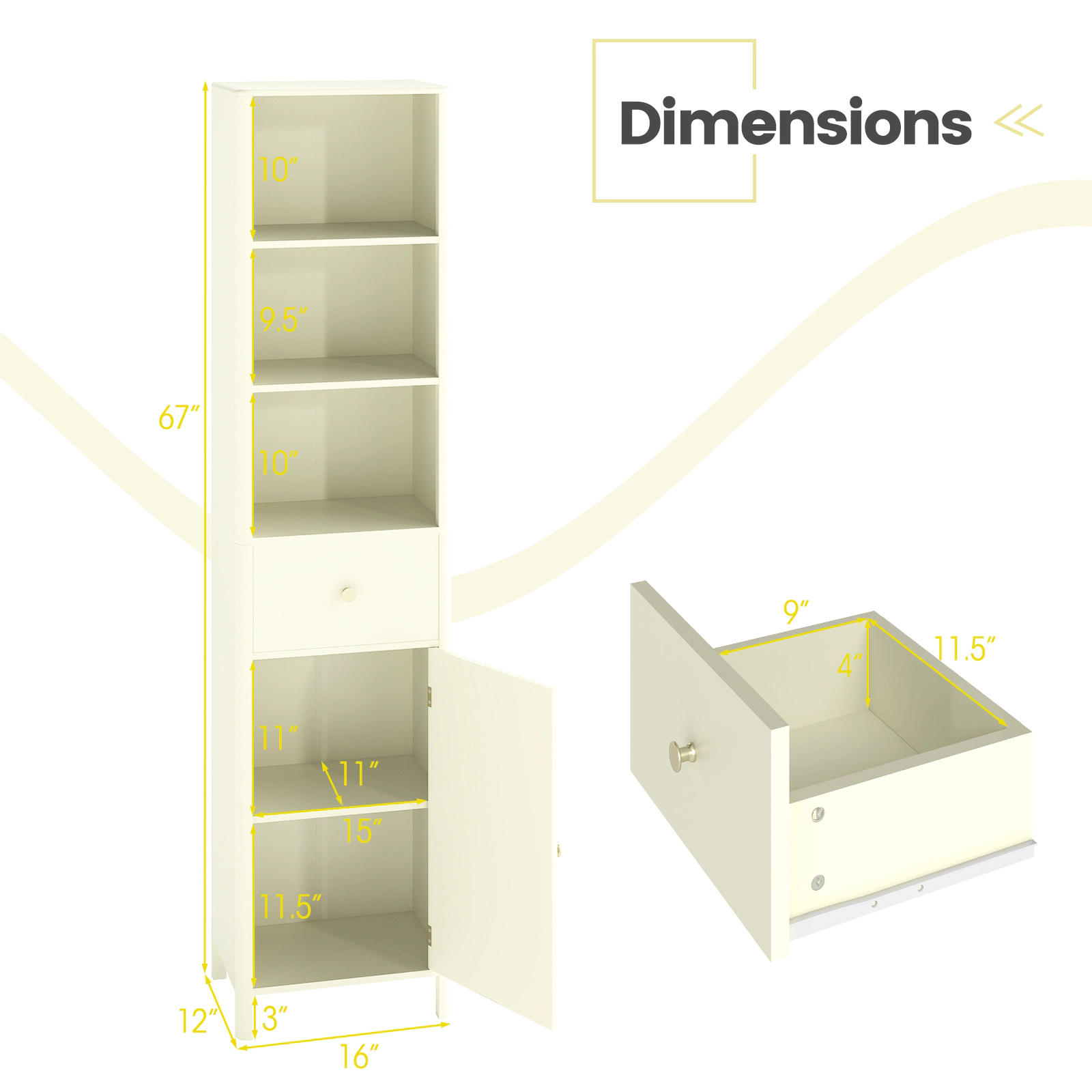 SUGIFT Tall Fluted Door 3 Open Shelves Drawer Narrow Bathroom Floor Cabinet 16-in x 12-in x 67-in 22-lb per Shelf Beige