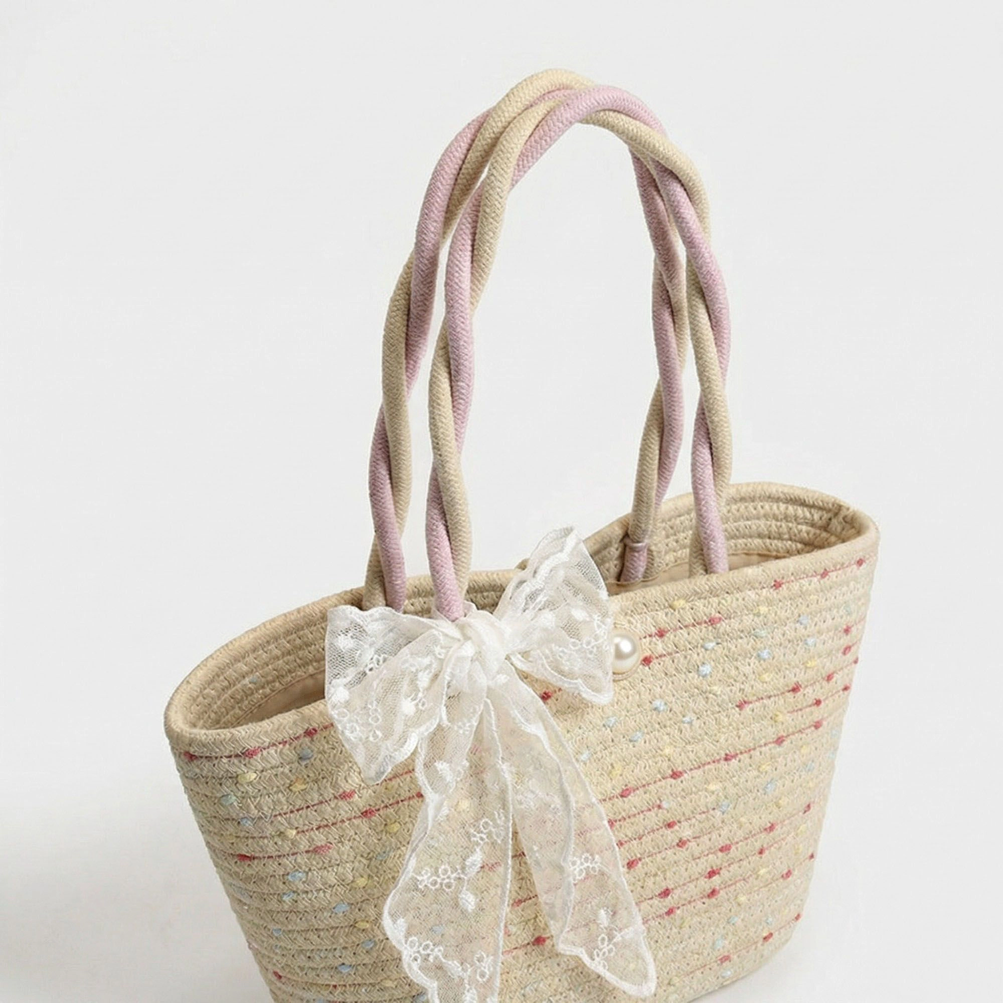 Alilang Women's Woven Straw Handbag with Lace Bow Accent Dual Top Handles and Structured Mini Tote Design
