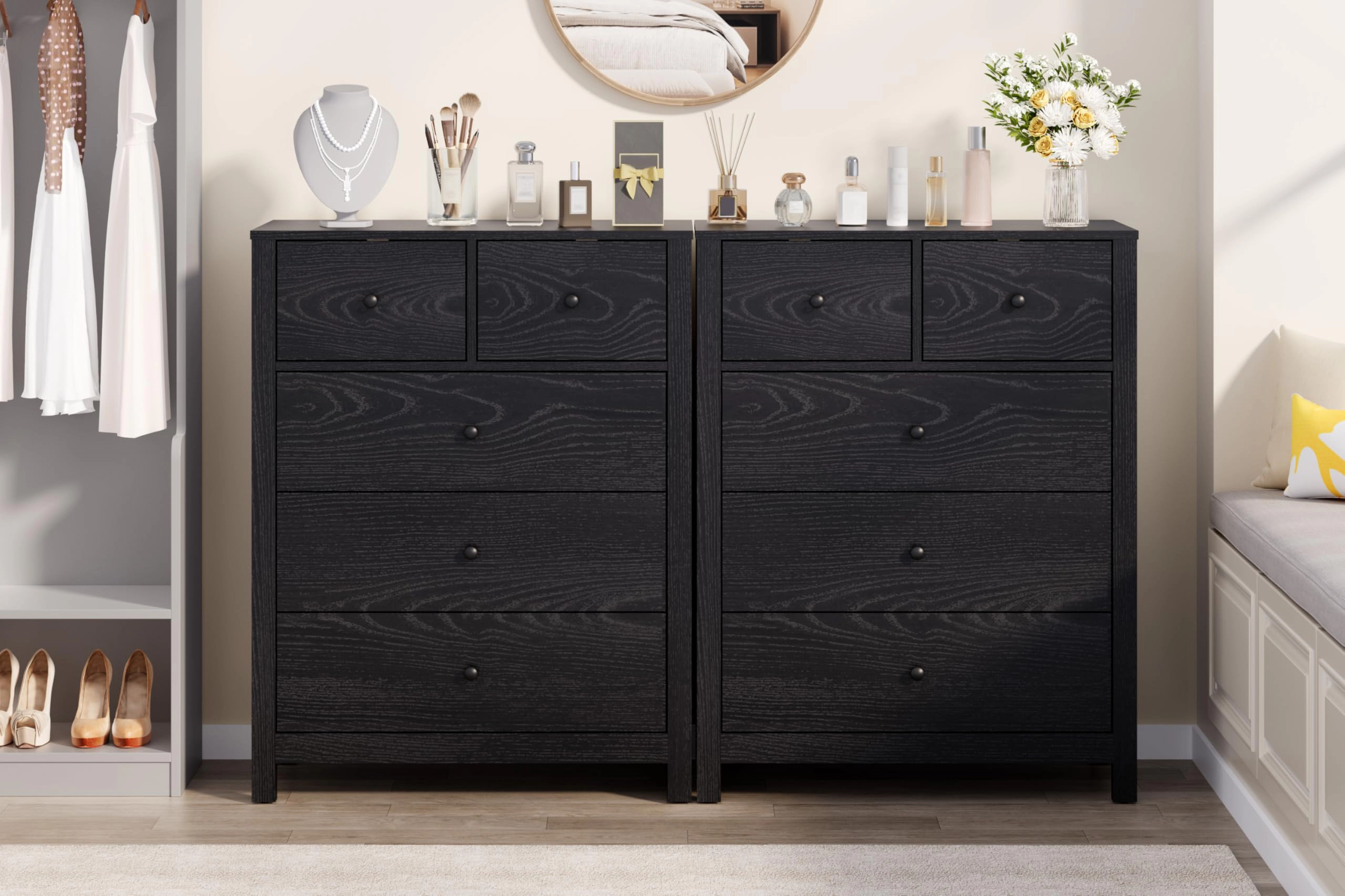 5 Drawer Modern Dresser with Metal Knobs, 37" Tall Wooden Storage Chest for Bedroom Hallway Entryway