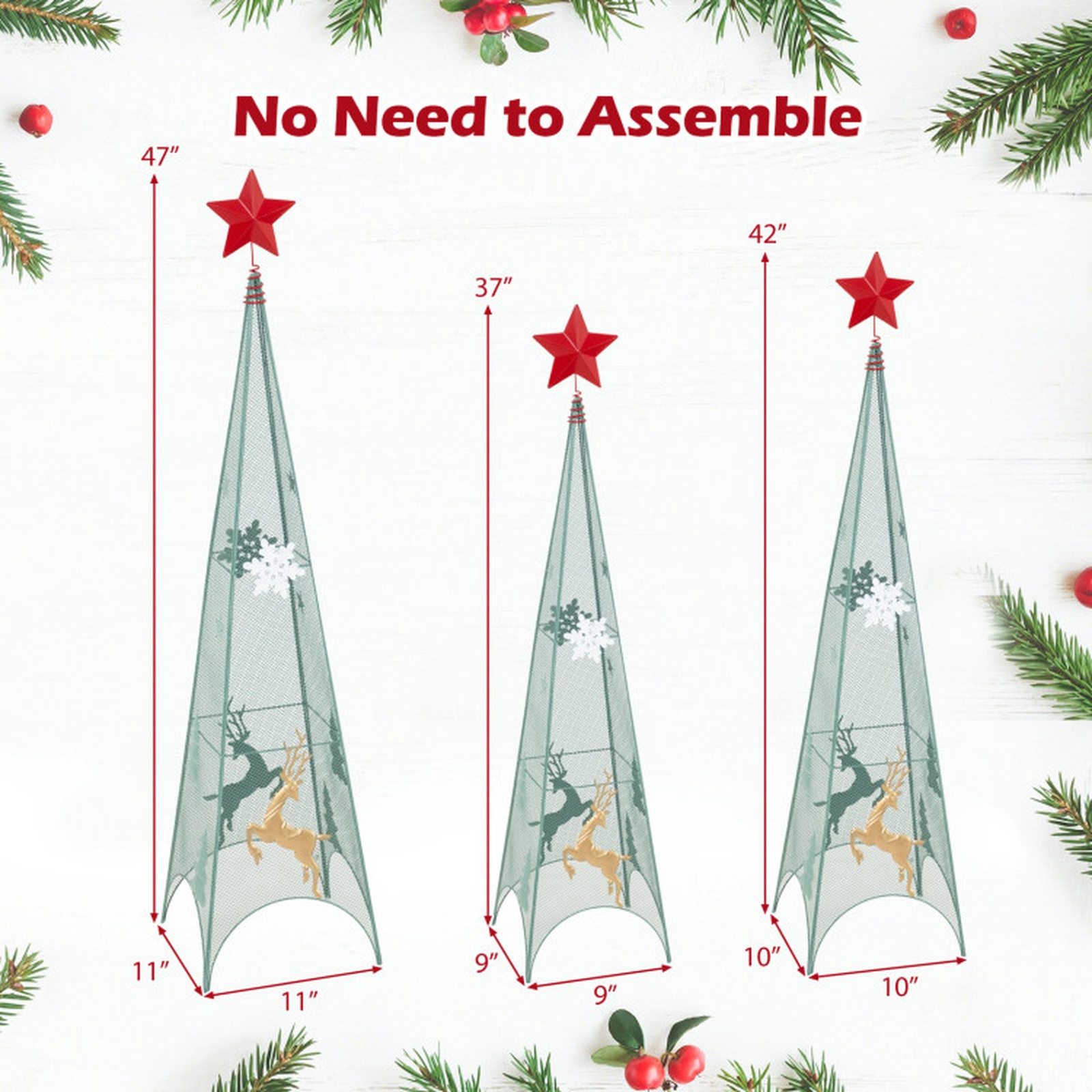 SUGIFT Set of 3 Star Topper Snowflake Reindeer Metal Tower Christmas Trees 37-in 42-in 47-in Tall 7-lb Green