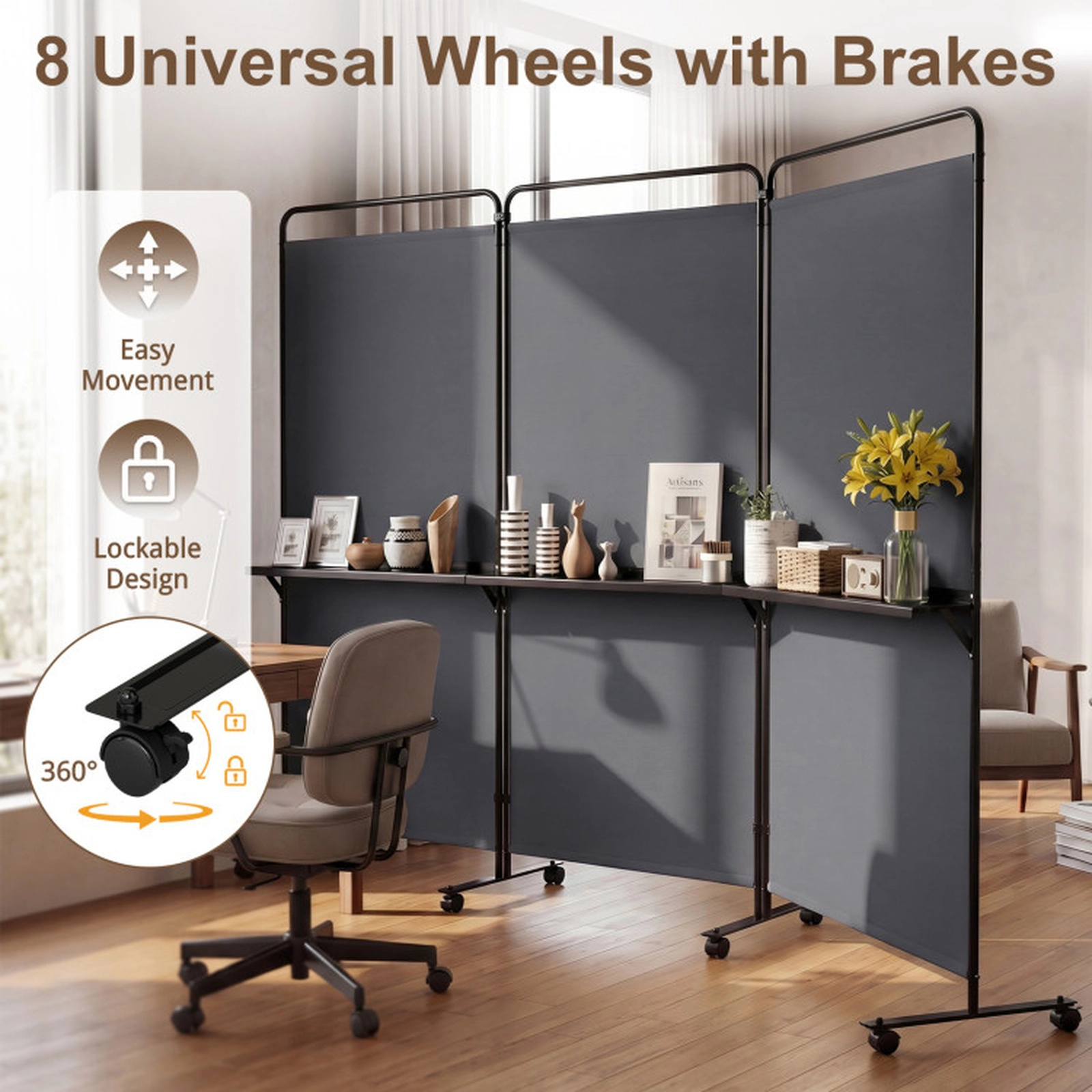 SUGIFT Gray 3-Panel Folding Room Divider Partition with 3 Shelves 8 Braked Wheels and 102-in Wide Span