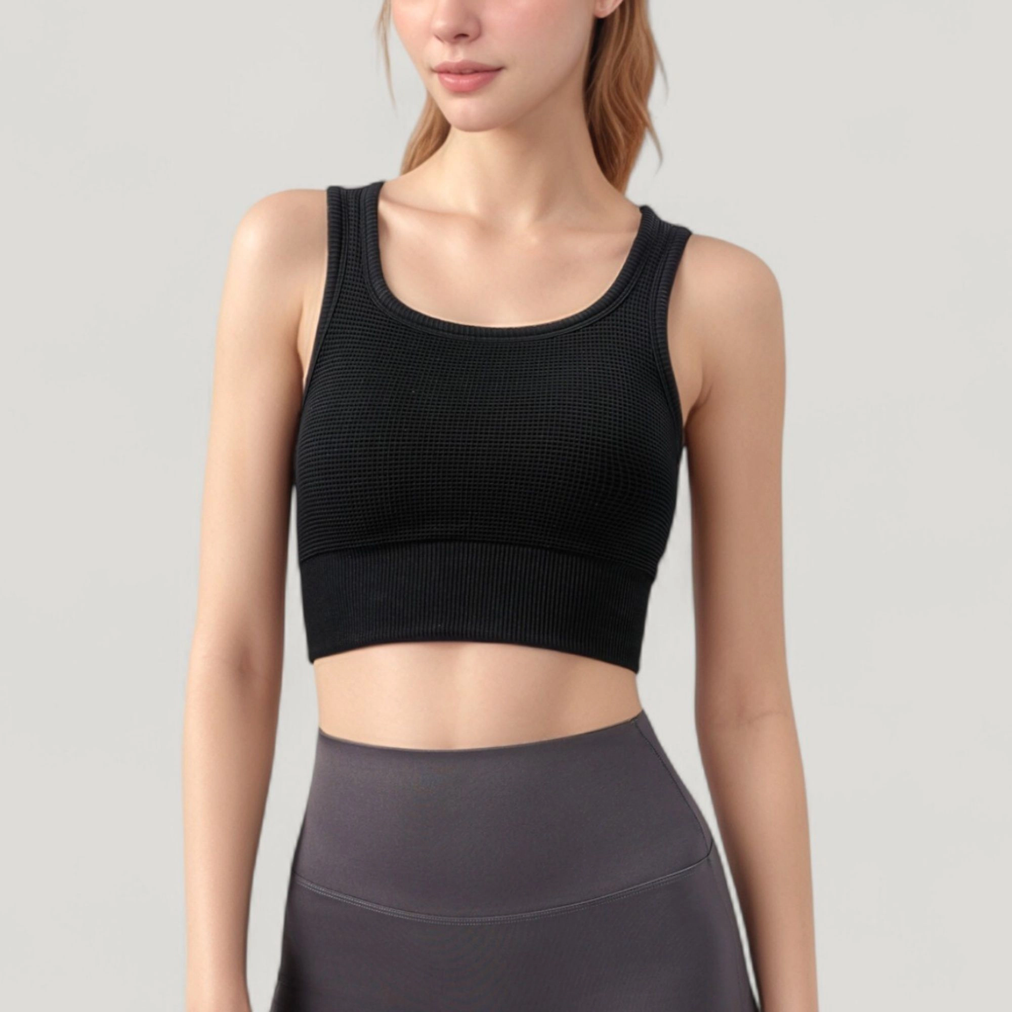 Anna-Kaci Women's Ribbed Seamless Sports Bra with Scoop Neck and Wide Straps