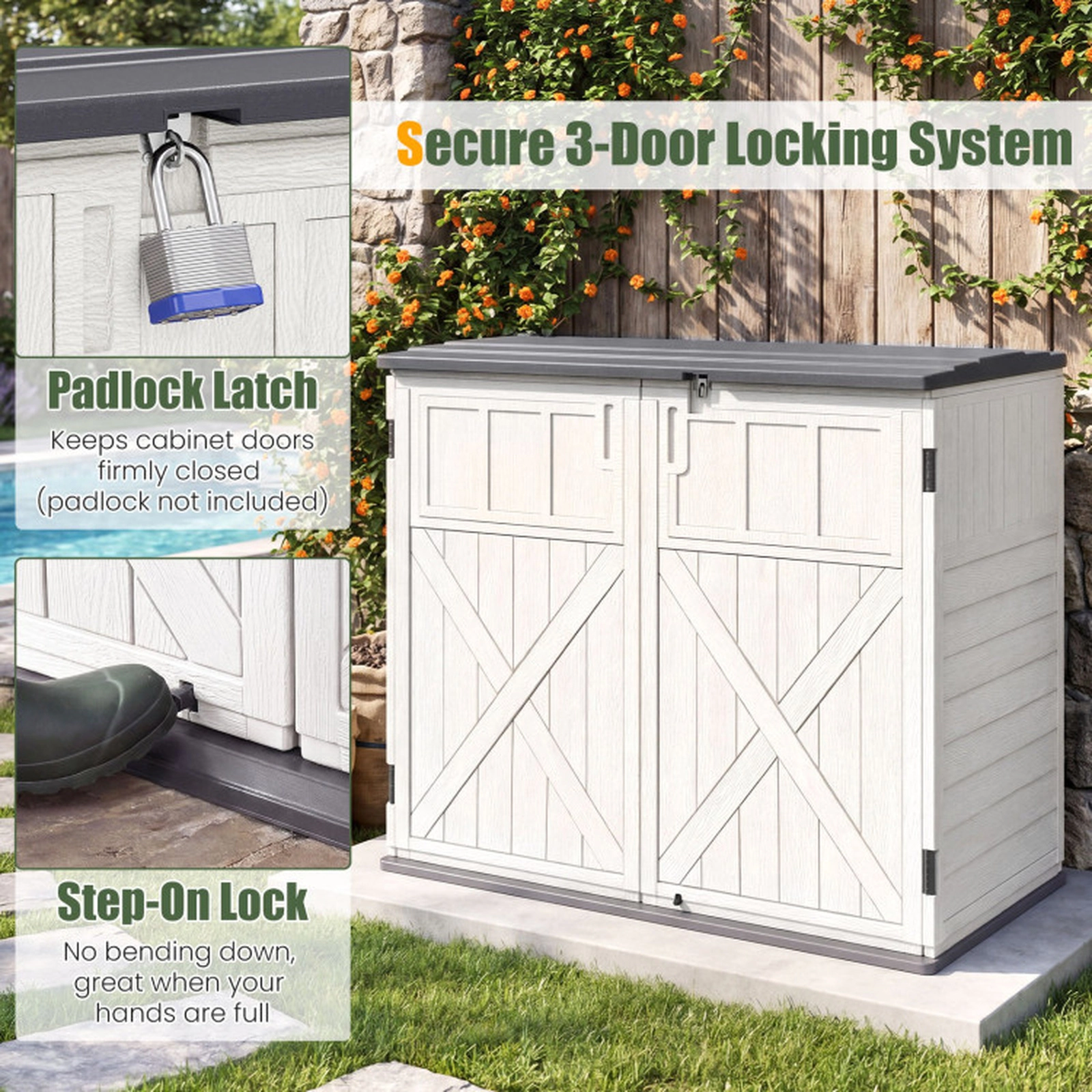 SUGIFT 20-Cu-Ft Lockable 3-Door Resin Horizontal Outdoor Storage Shed 46.5-in x 25-in x 37-in 860-lb Capacity White