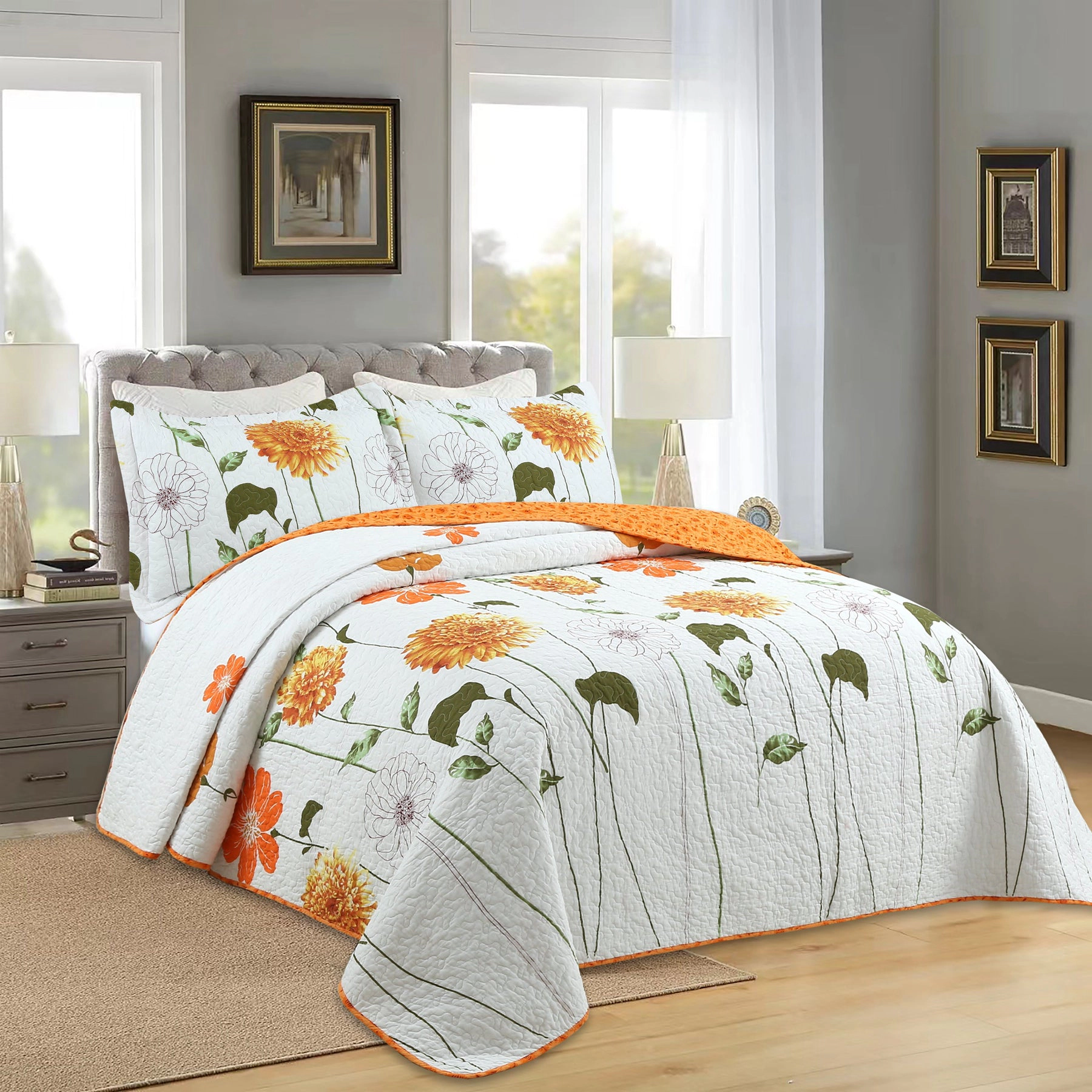 MarCielo 3 Piece Cotton Botanical Floral Quilt Set – Lightweight Reversible Bedspread Set