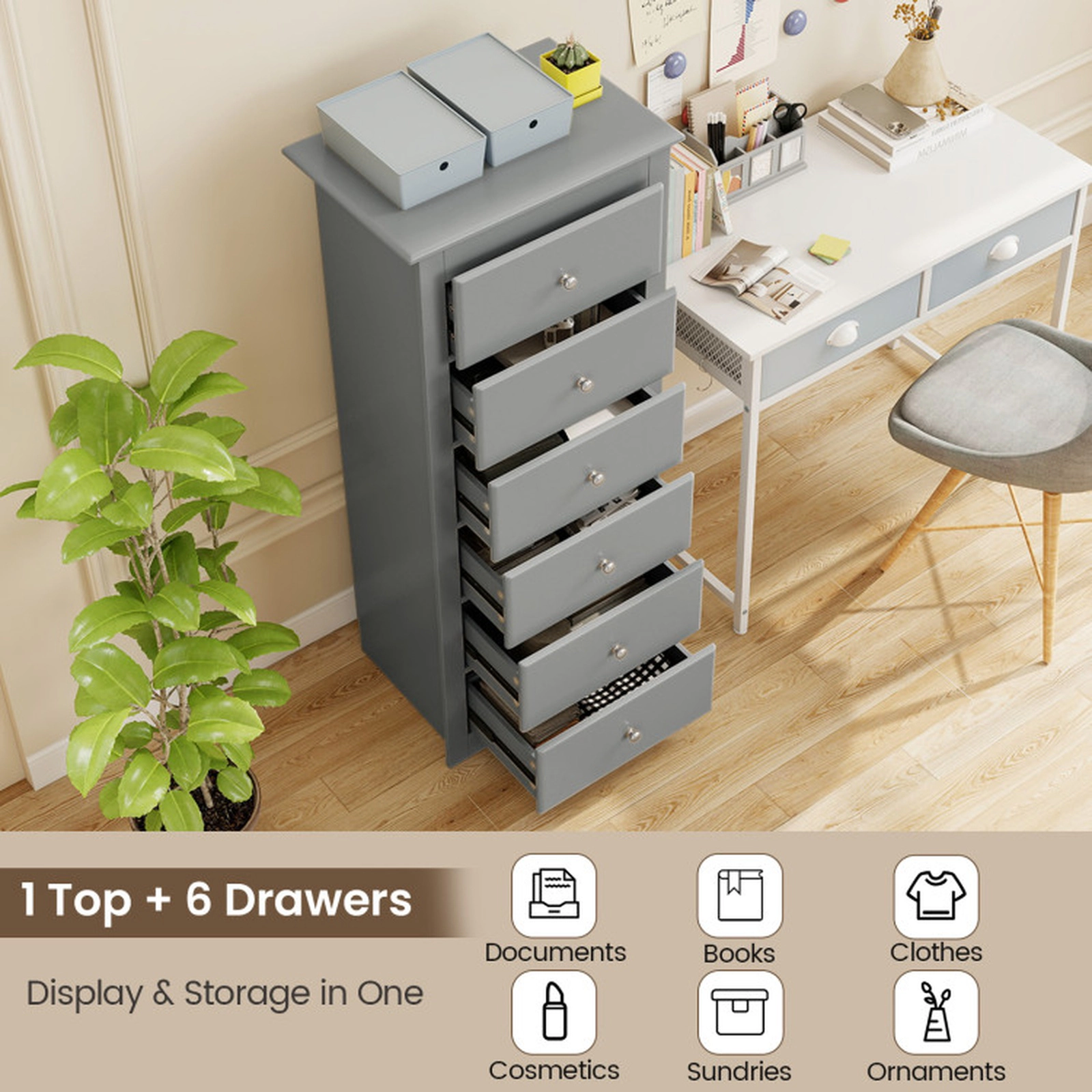 SUGIFT Bedroom Clothes Storage 6-Drawer Tall Chest Dresser
