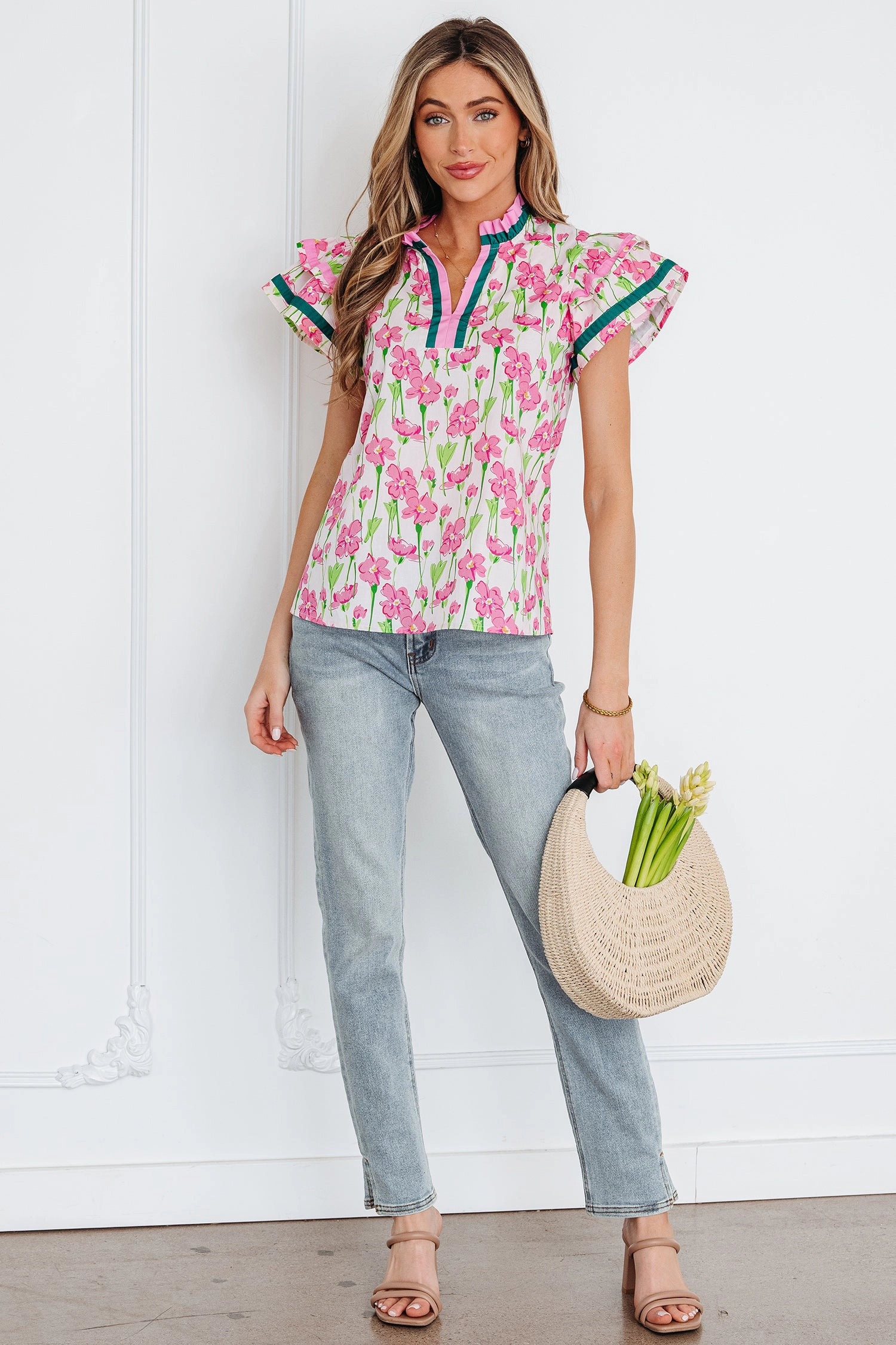 Threaded Pear Women's Elyse Ruffled Short Sleeve Blouse