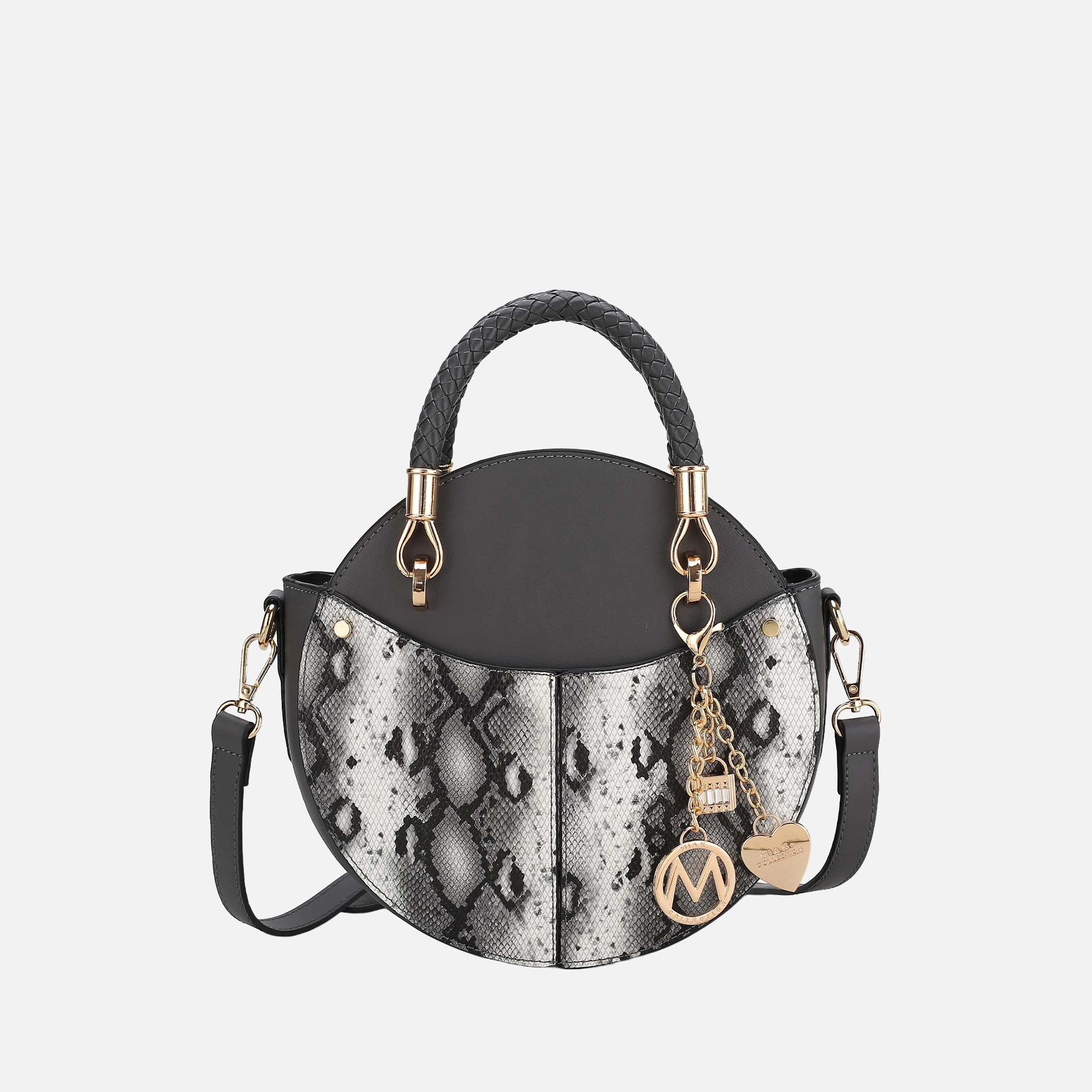 MKF Collection Camille Round Crossbody Bag - Snake Embossed Vegan Leather, Charcoal