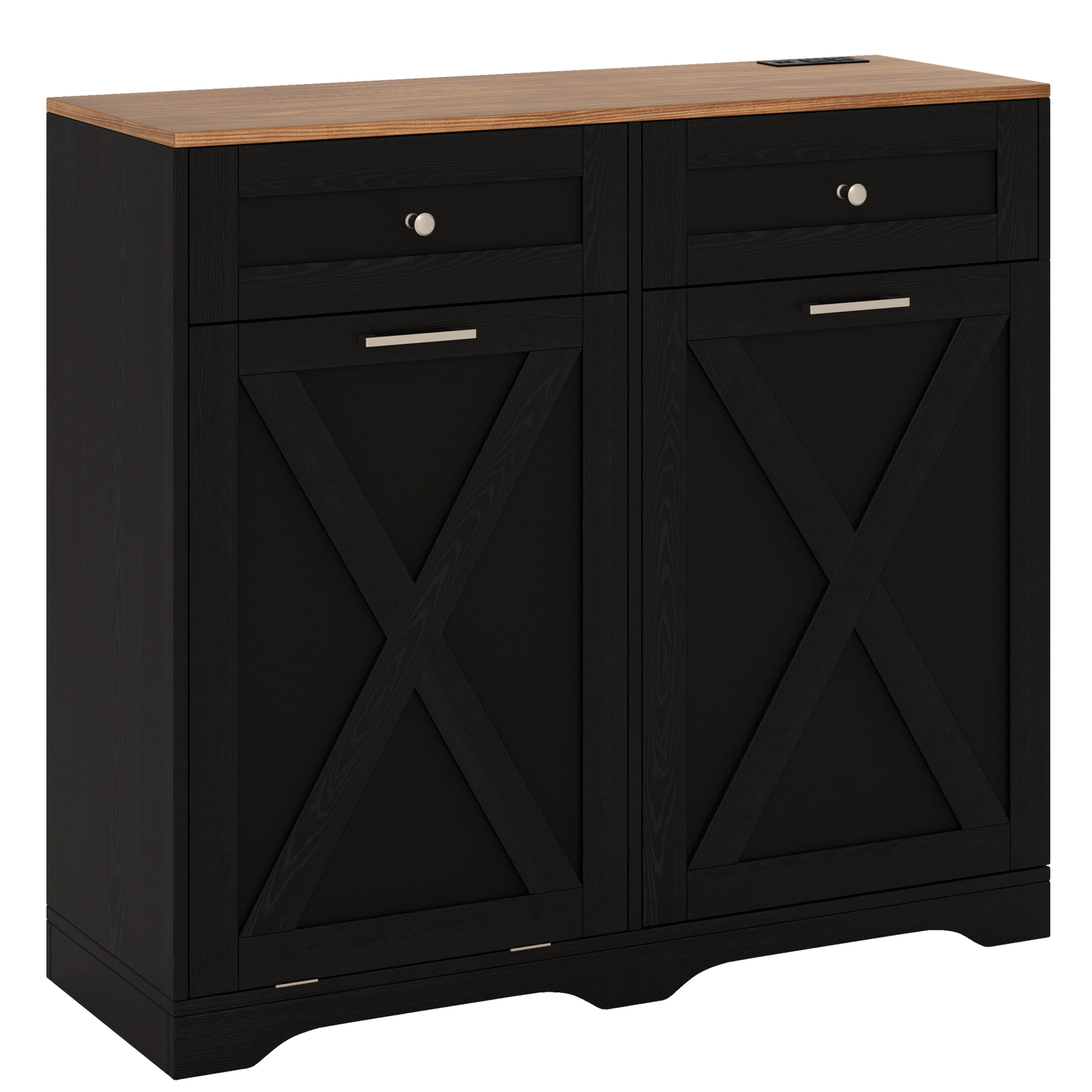 LJG Tilt Out Trash Can Cabinet with Outlets and Adjustable Shelf