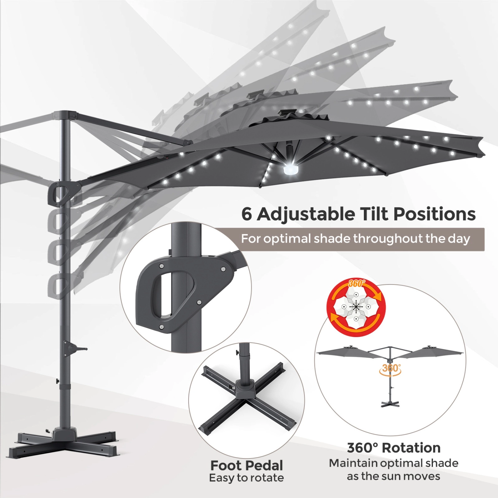 SUGIFT 10-ft Gray Offset Cantilever Patio Umbrella with 35 Solar LED Lights and 220-lb Fillable Base for Deck